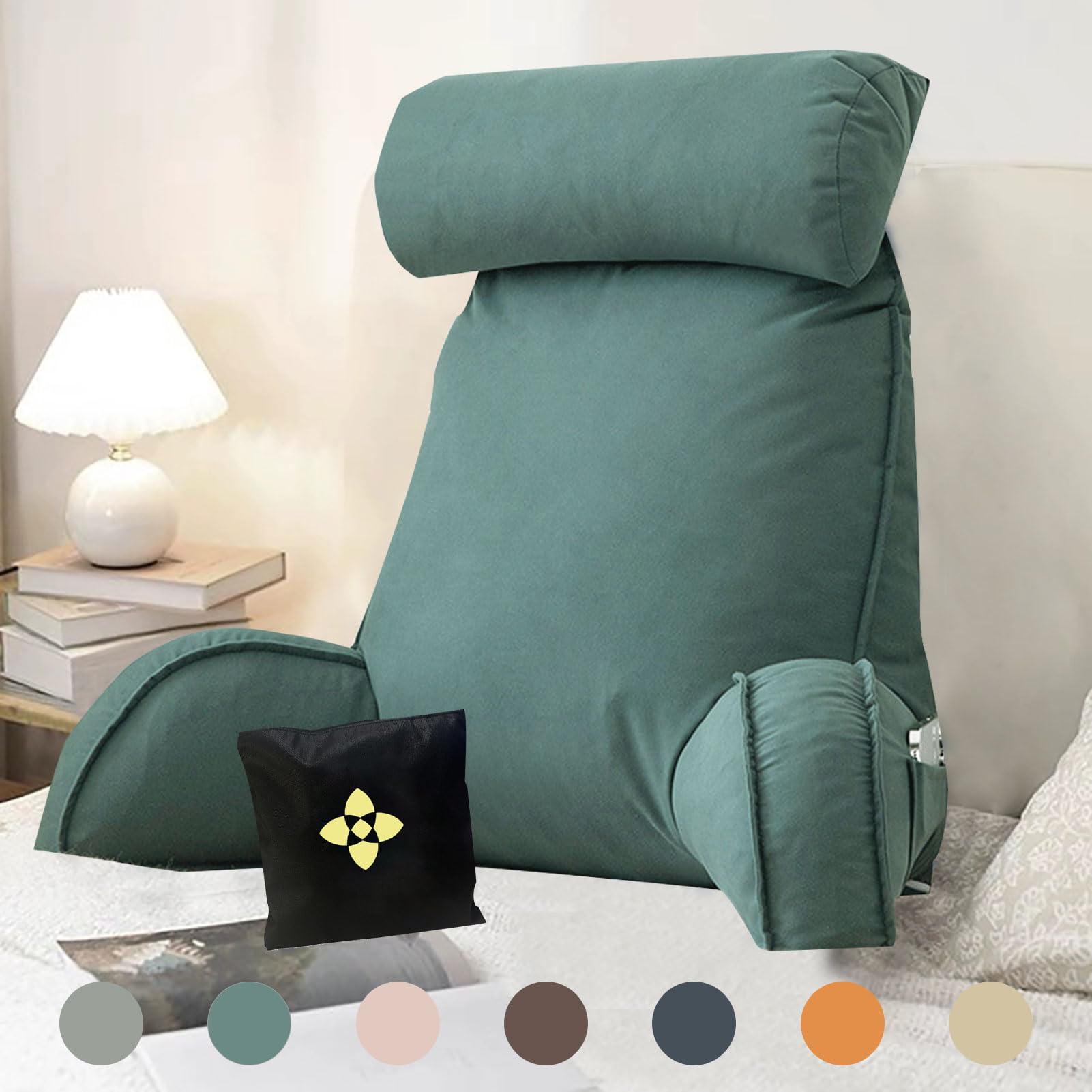 Cctsa Jade Green Backrest Pillow Reading Pillows For Bed Back Pillow For Bed Cushion Back Support With Support Arm Detachable Washable Support Rest Pillow For Reading Relaxing Watching Tv 75Cm×40Cm×58Cm