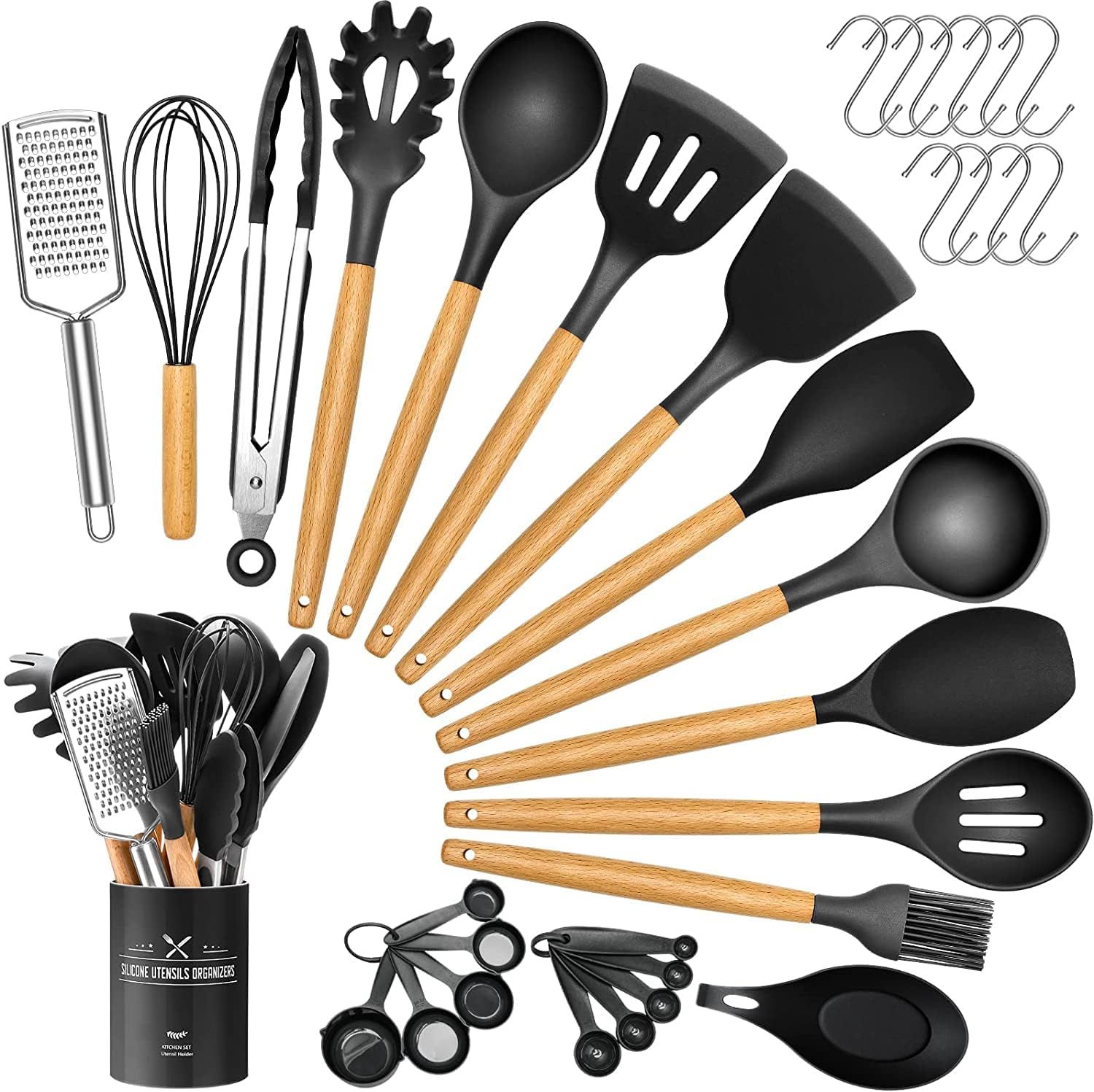 Kitchen Cooking Utensils Set, 34 pcs Non-Stick Silicone Cooking Kitchen Utensils Spatula Set with Holder, Wooden Handle Heat Resistant Silicone Kitchen Gadgets Utensil Set(Black)