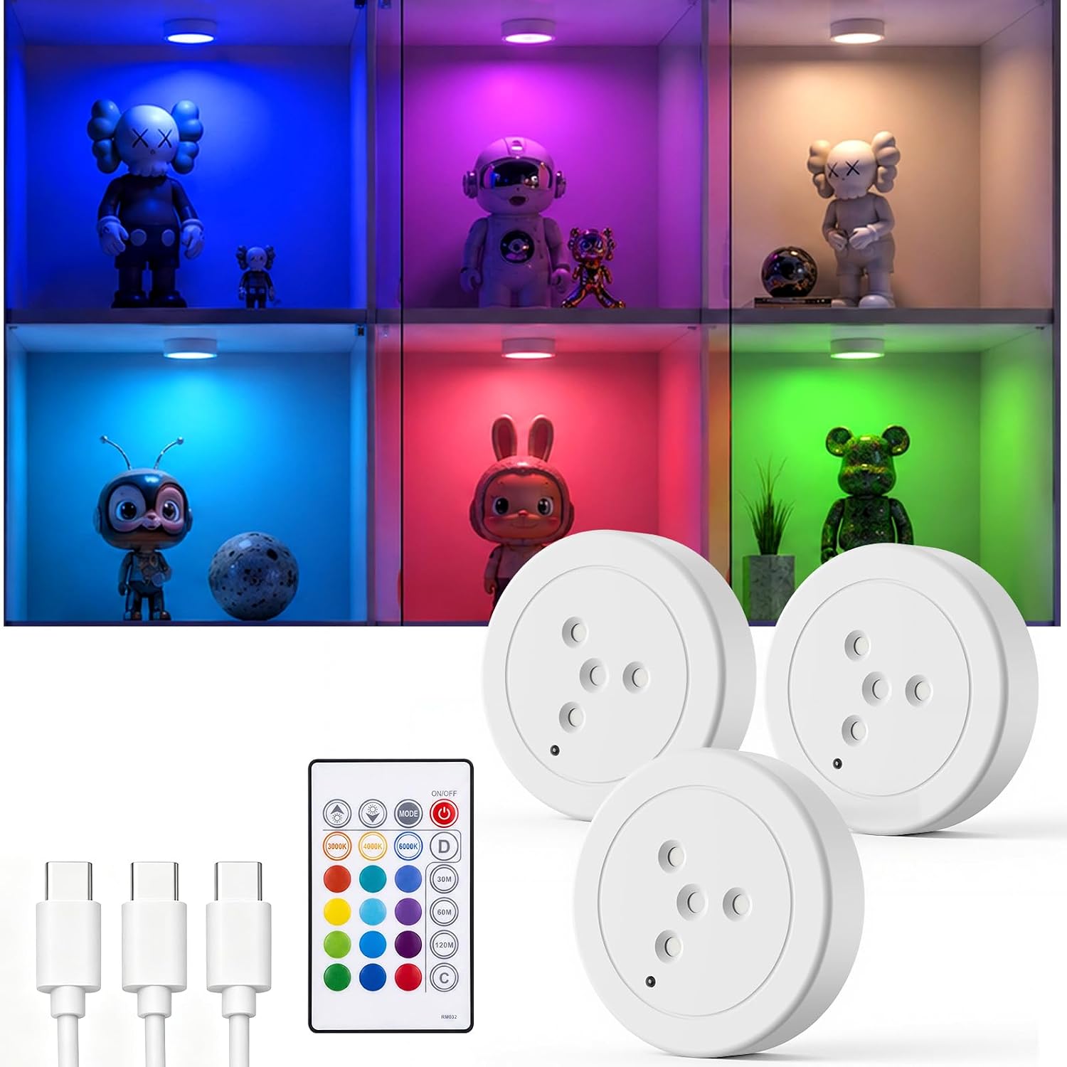 RGB Rechargeable Puck Lights, Wireless Stick-on Magnetic Locker Lights