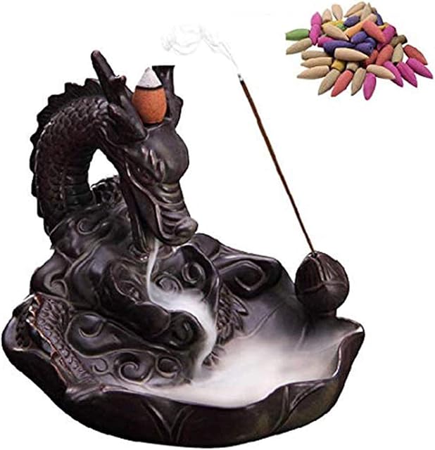 Home Decorate Dragon Backflow Incense Burner, Waterfall Backflow Incense Burner Holder With 20PCs Backflow Incense Cones, Ceramic Backflow Incense Burners in Exquisite Present Box