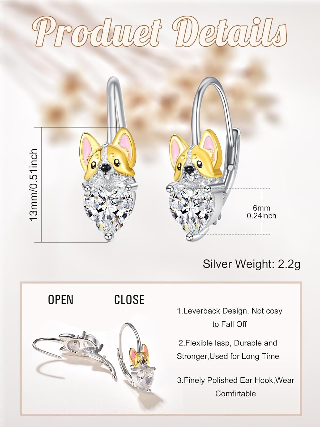 KINGWHYTE Bat/Axolotl/Corgi Earrings 925 Sterling Silver Animal Leverback Earring Hypoallergenic Birthday Valentines Jewelry Gifts for Women