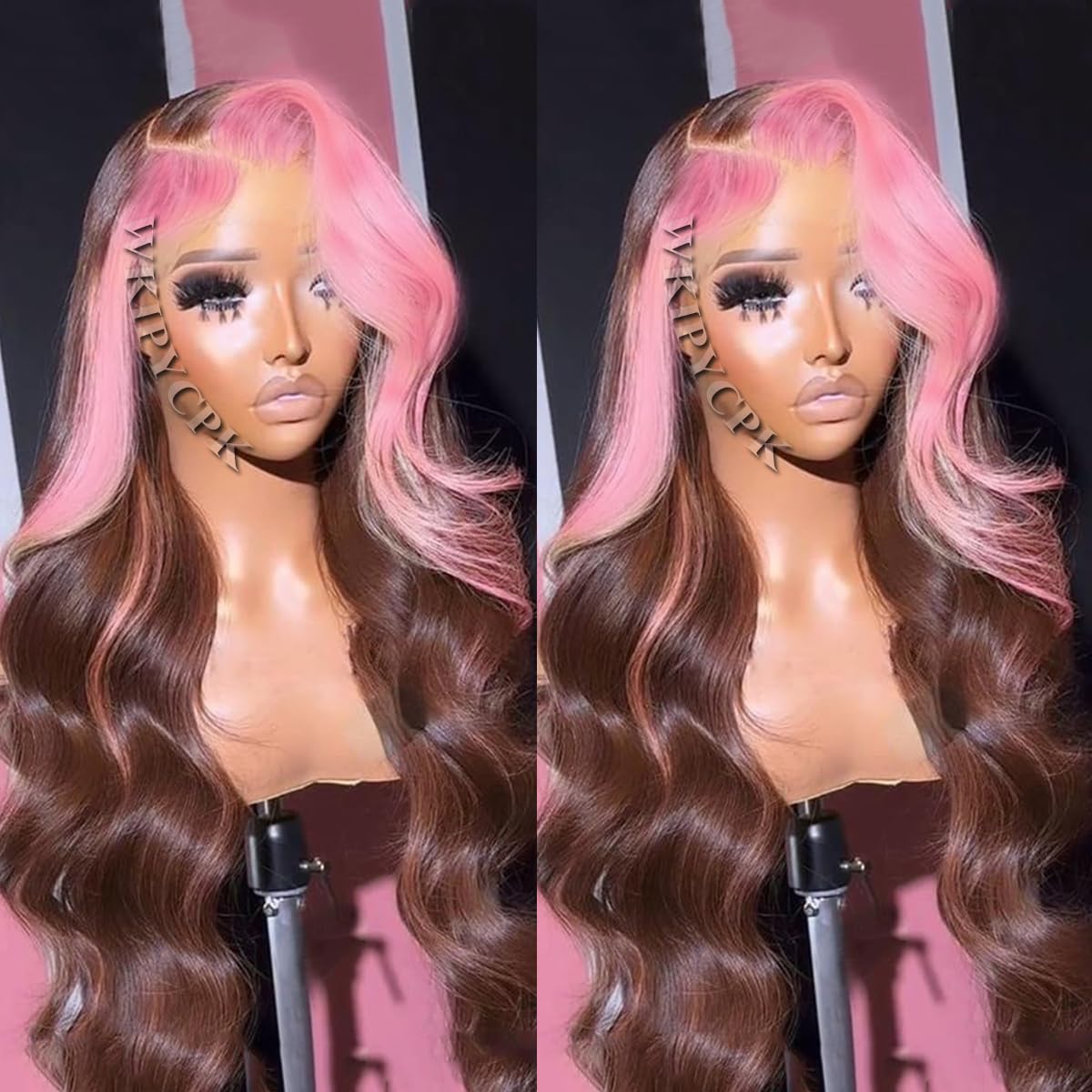 WKIPYCPK 24 Inch Pink Skunk Stripe Wig, Synthetic Lace Front Wig Brown Hair Pink Highlights Streaks Lace Front Wigs Pre Plucked Long Wavy HD Lace Wigs