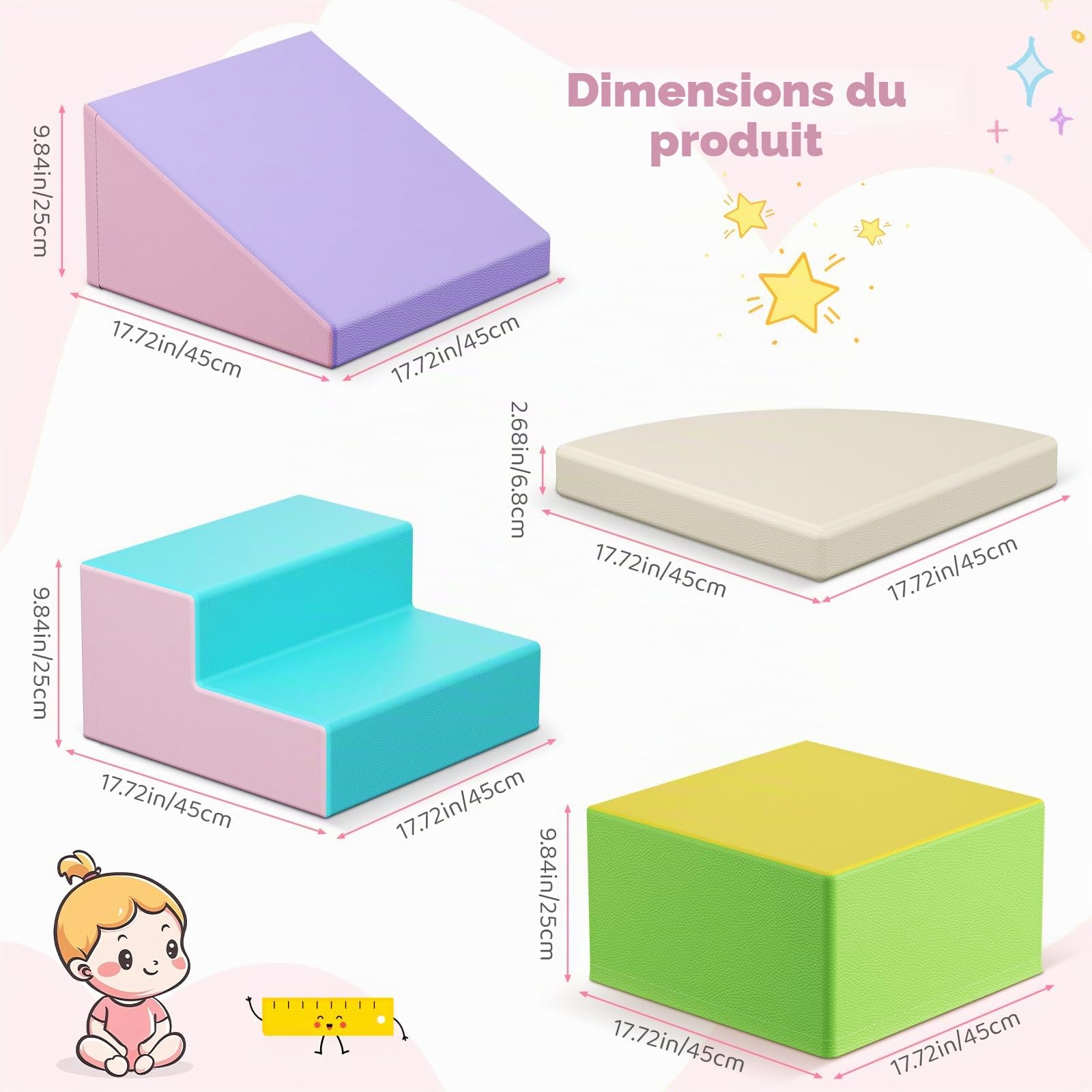 Lot de 4 blocs d'escalade en mousse - Couleurs macaron - Jouet souple - Blocs de construction combinables avec fermeture - Jouet éducatif sûr pour enfants - Intérieur et crèche