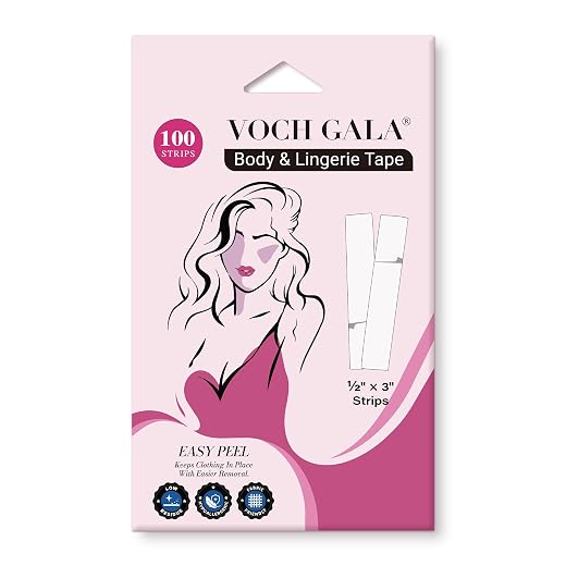 VOCH GALA Double Sided Tape for Clothes & Fashion, 100 Strips | Secure Hold, PE Easy Peel, Less Residue on Delicate Fabrics, Hypoallergenic for Sensitive Skin, 100 Pre-Cut Strips