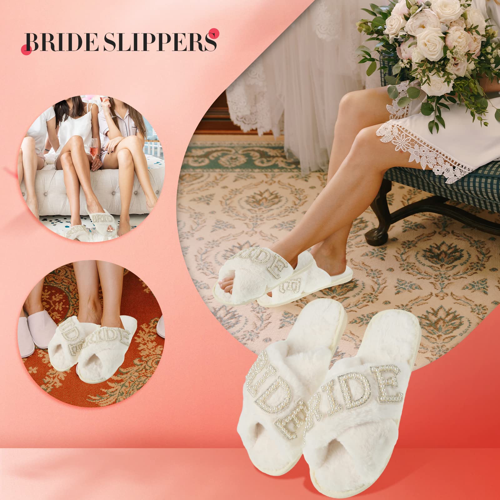 Pantuflas de novia para boda blancas suaves para mujer, pantuflas de novia con punta abierta para regalo de novia y despedida de soltera, Blanco cremoso 4