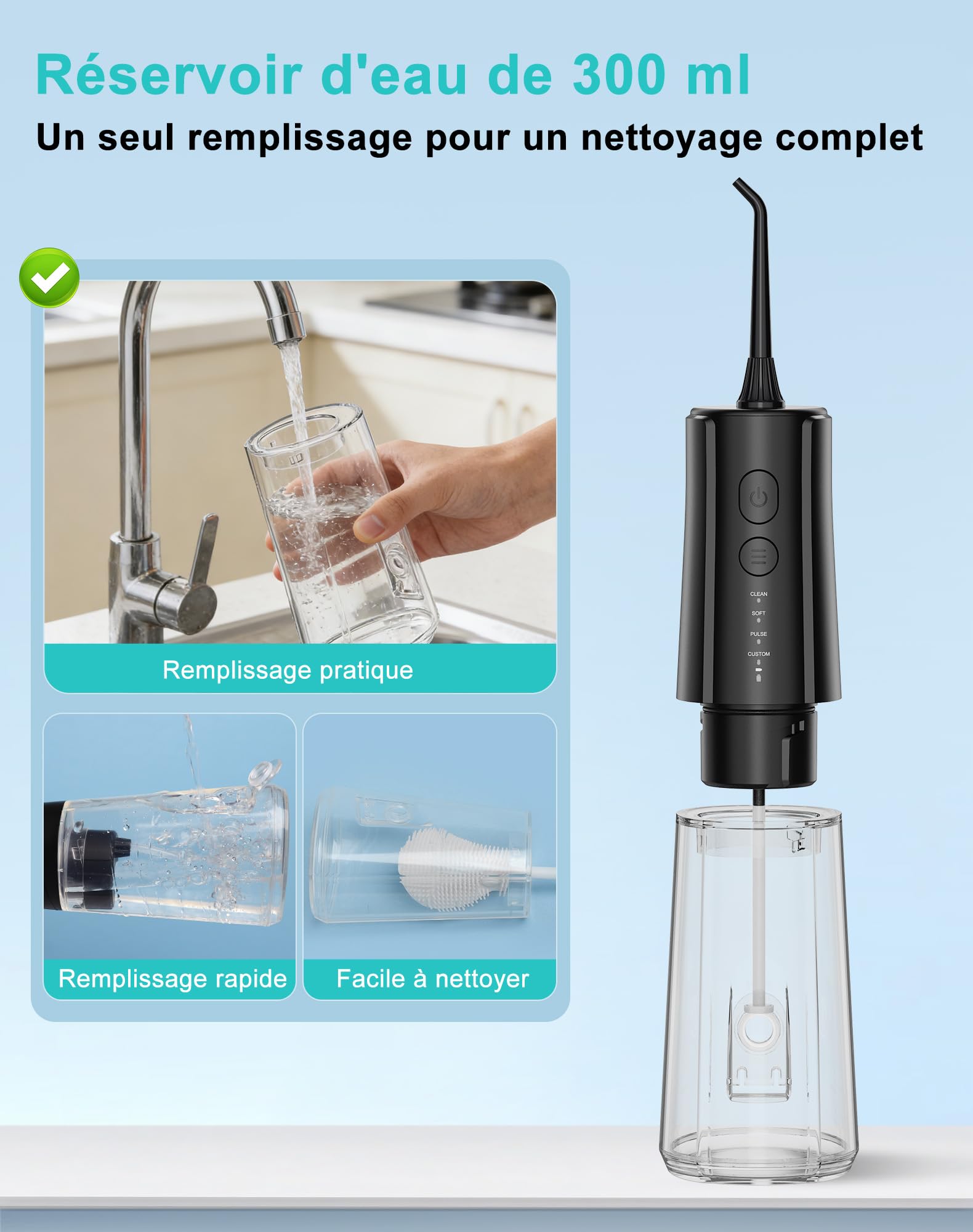 Jet Dentaire Hydropulseur Portable DIY, Hydropulseurs et Irrigateurs 5 Modes et 3 Intensités, Réservoir 300ML et Base Amovible, USB Chargé, Étanche IPX7, Sans BPA, Silencieux (Noir-01)