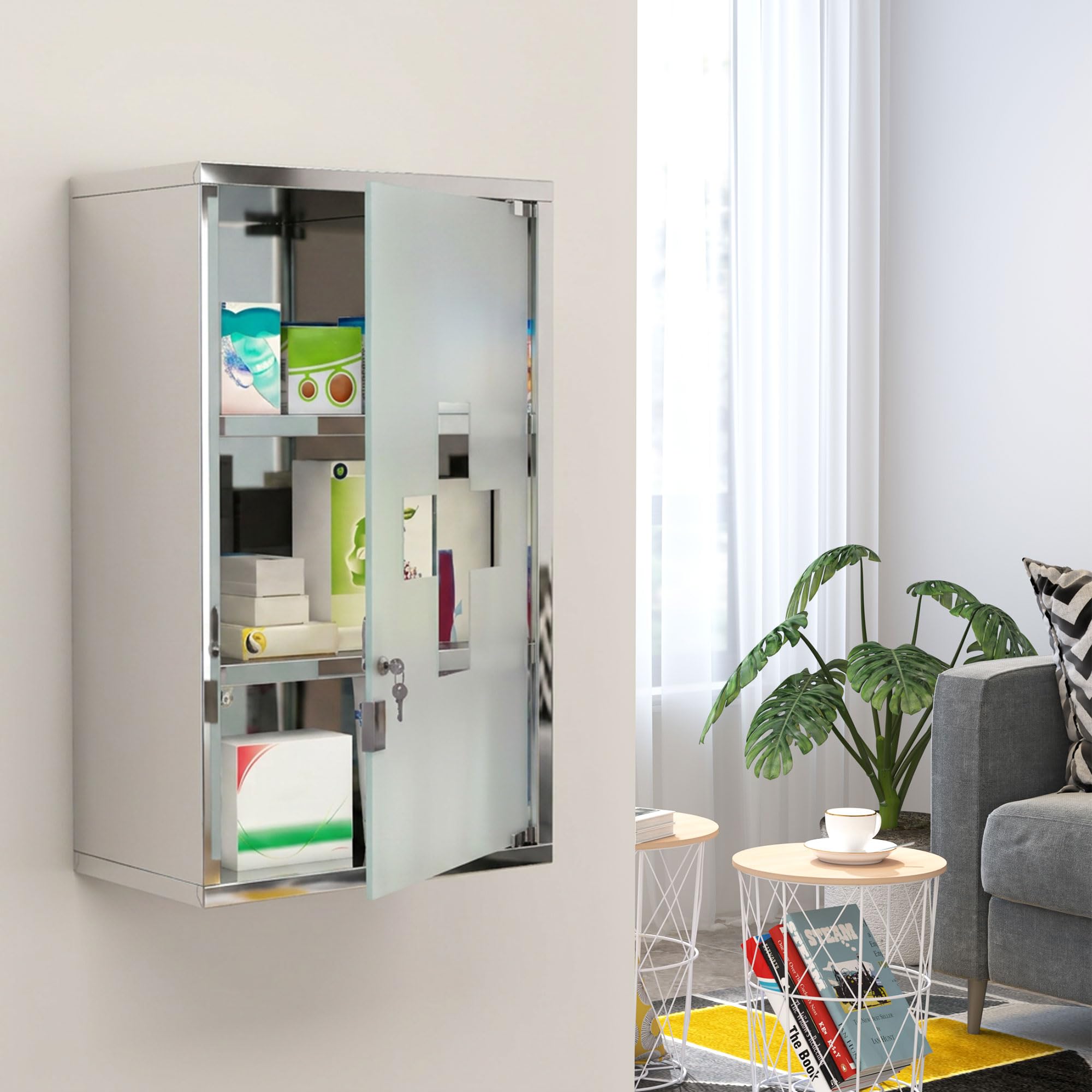 HOMCOM Armadietto medicinali 50x30x18cm Cassetta mobile bagno primo soccorso in acciaio inox con serratura