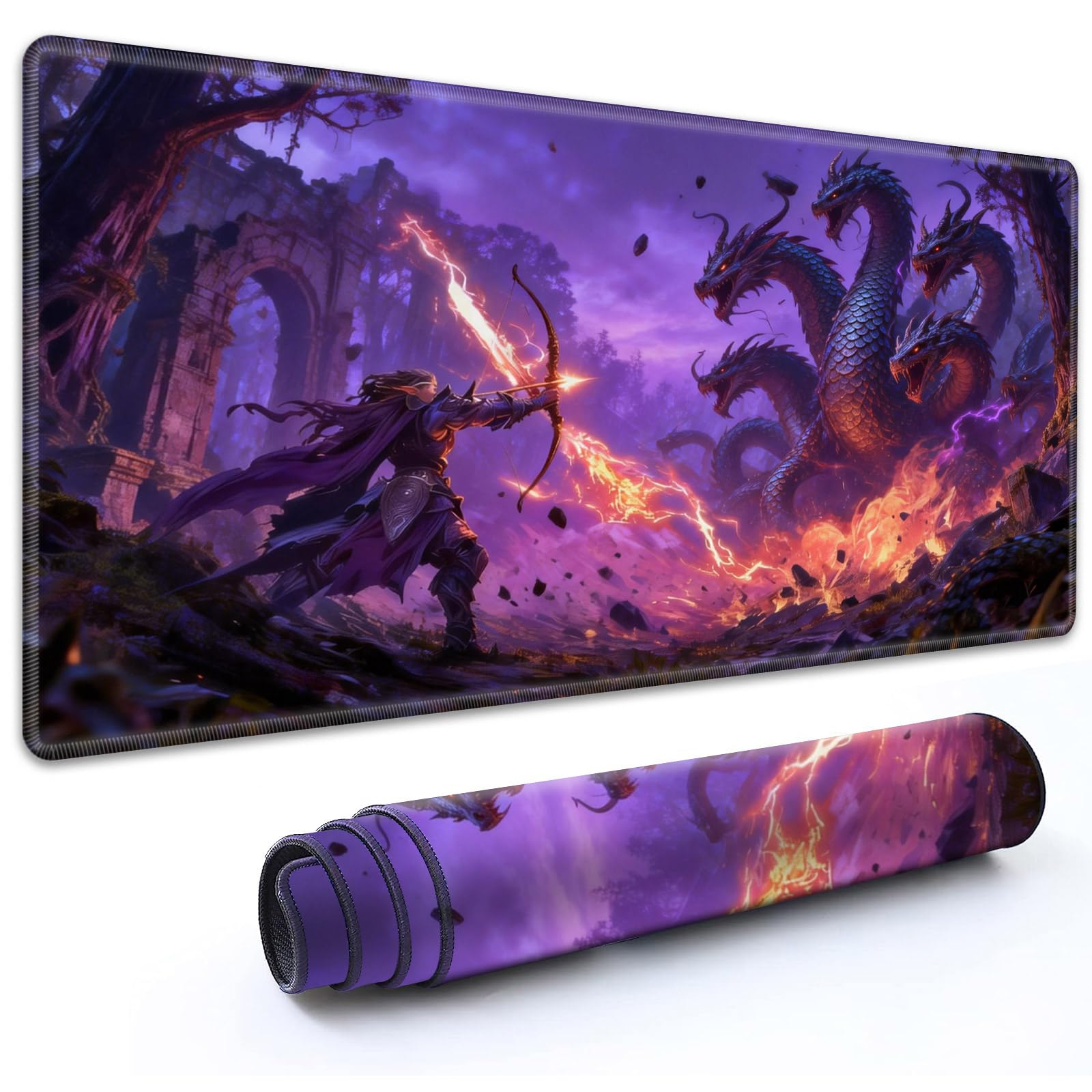 RMJKXQZG MTG Playmat 35.5" x 19.7" with High Elastic Rubber Base Non-Slip Rubber HD Fade-Resistant Printing Durable TCG Gaming for Card Games Desk Mat & Mouse Pad, Elf Archer Vs Hydra Fantasy Battle