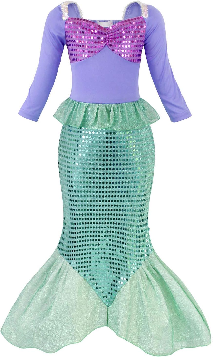 AmzBarley Girls Princess Dress Cosplay Costumes For Kids Little Mermaid Ariel Sets Children Halloween Christmas Clothing Long Sleeves Green Age 7-8 Years
