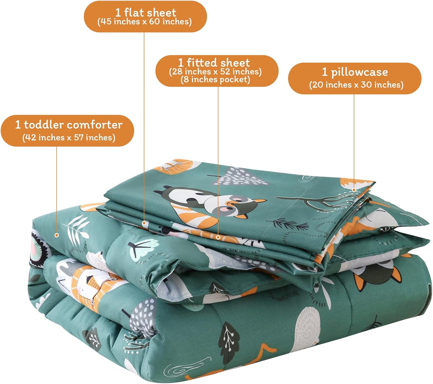 JSD Green Forest Animals Toddler Bedding Set, 4 Piece Bed-in-Bag Toddler Comforter Sheet Set, Machine Washable - Image 2