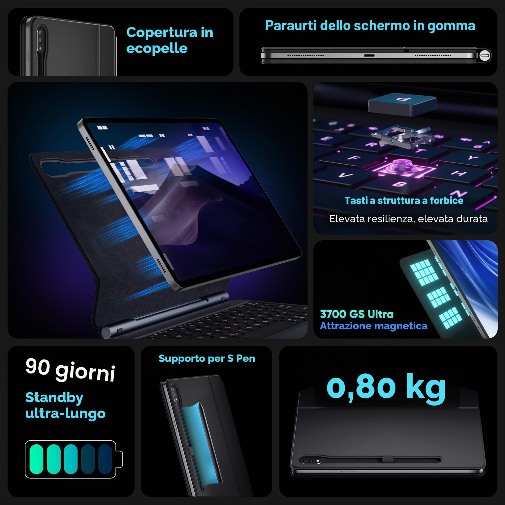 doqo Custodia tastiera per Samsung Galaxy Tab S10+ Plus/S9+/S9 FE+/S8+/S7+/S7 FE 12,4 pollici Custodia magnetica con tastiera, touchpad retroilluminazione, supporto in cantilever fluttuante (Nero)