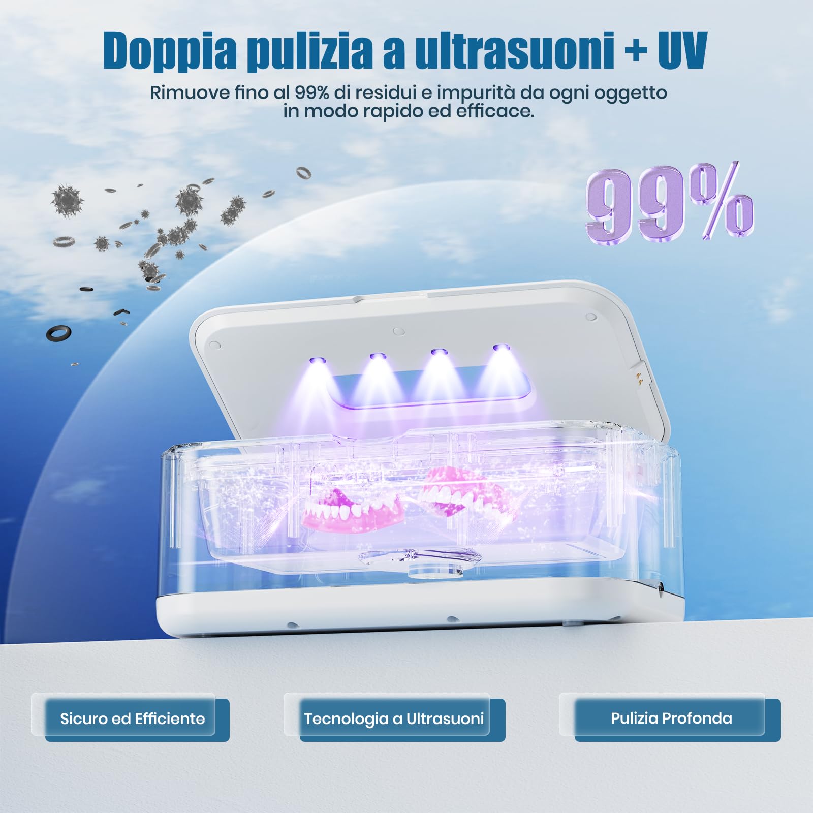 Limpiador Ultrasonidos, 49 kHz UV Limpiador por Ultrasonidos Profesional | 800 ml, 5 Funciones de Temporizador, Pantalla Digital, para Joyas, Gafas, Relojes, Dentaduras y Anillos
