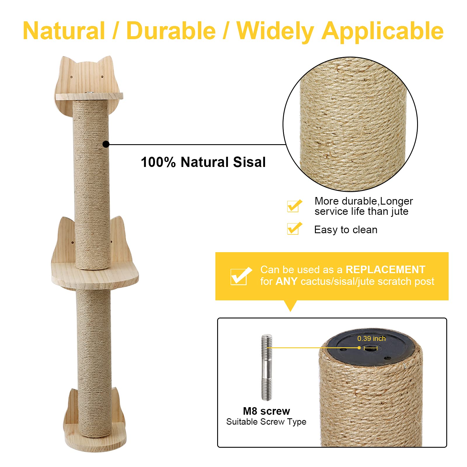 Wall Mounted Cat Scratching Post Sisal Cat Scratcher Solid Wood Cat