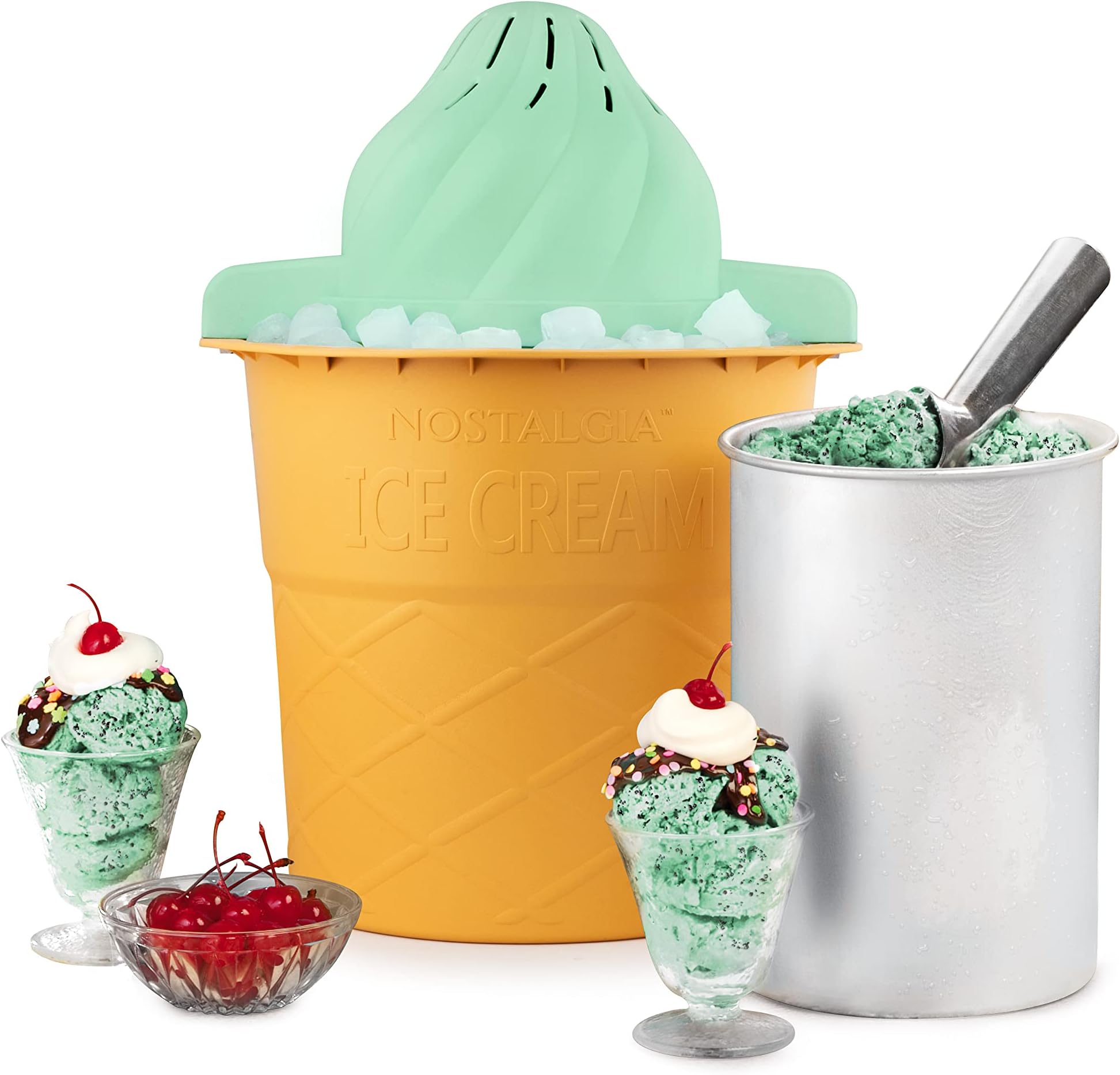 Nostalgia4-Quart Swirl Cone Ice Cream Maker, Classic Soft Serve Design, Easy to Use, Instructions and Recipes Included, Mint Green Color