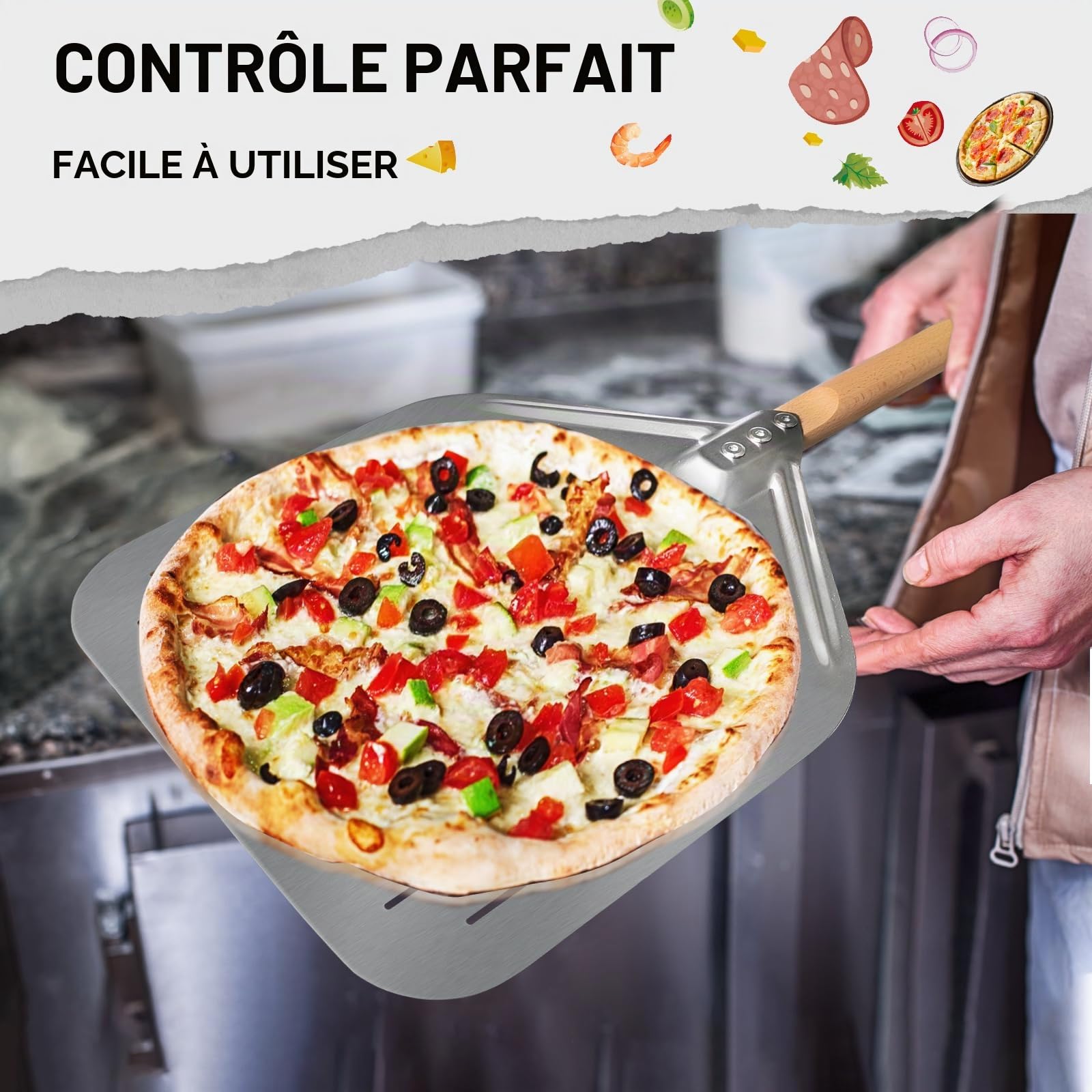 Pelle à Pizza Perforée, Professionnelle Pelle à Pizza avec Poignée, Coupe à Pizza en Acier Inoxydable, pour la Cuisson de Pizzas, Pain, 39×30.5 cm, Longueur totale 74 cm