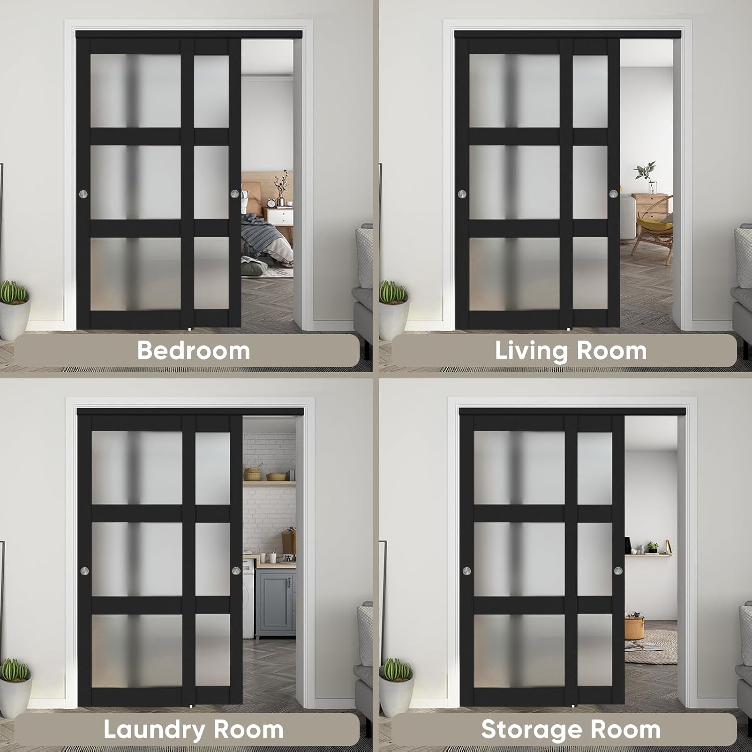 JUBEST 60"x 80" Sliding Closet Door, 3-Lite Frosted Glass Bypass Door with Hardware Kit & Matching Fascia, Pre-Drilled MDF Panel with Water-Proof PVC Surface, Easy to Install, Black