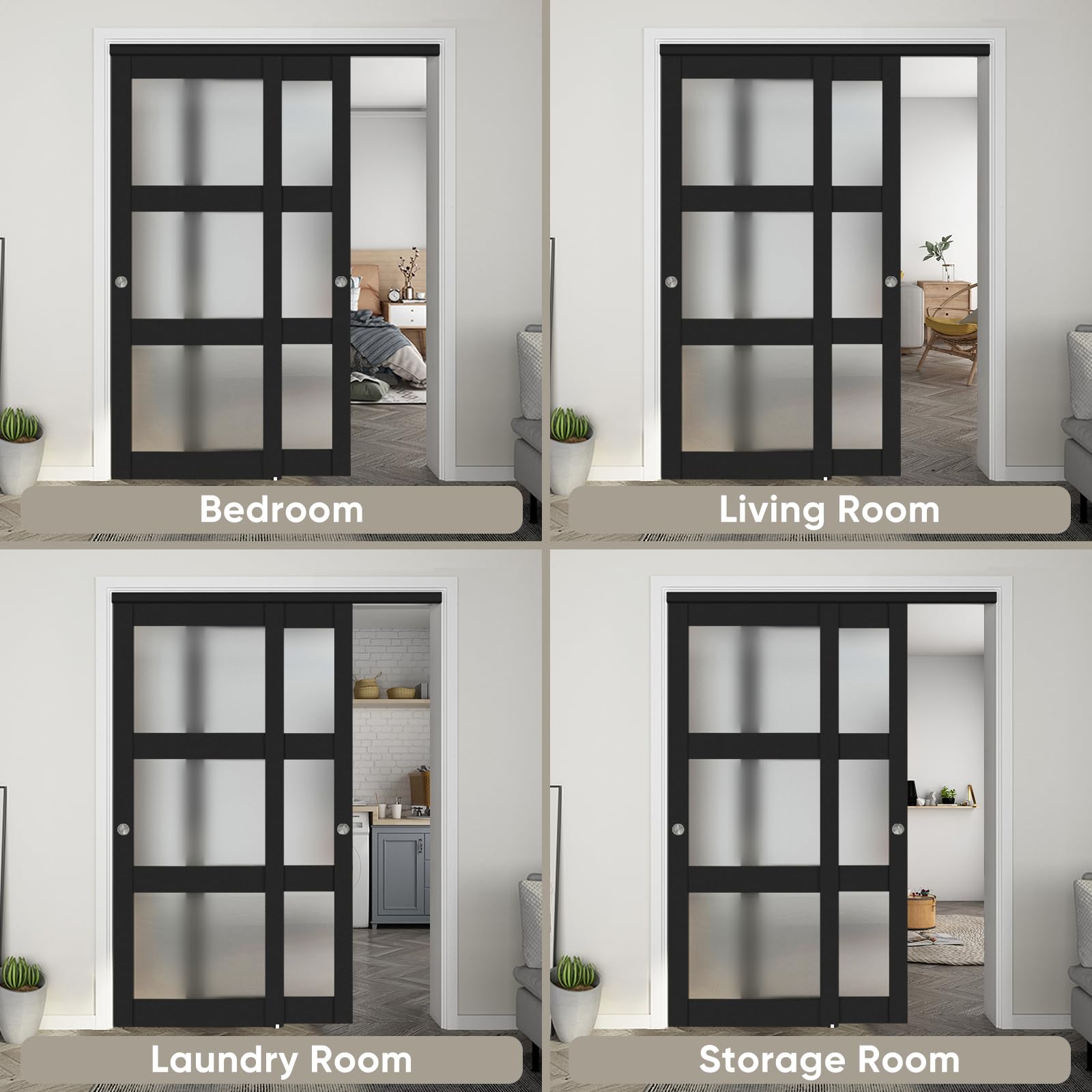 Condition photo showing New/Like New for jubest 60"x 80" sliding closet door, 3-lite frosted glass bypass door with hardware kit & matching fascia, pre-drilled mdf panel with water-proof pvc surface, easy to install, black