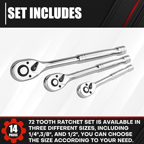 Miniatura 5 de C&T Juego de llaves de trinquete de liberación rápida de 3 piezas, juego de trinquete de accionamiento, 14", 38", 12" 72-diente, acero de aleación,