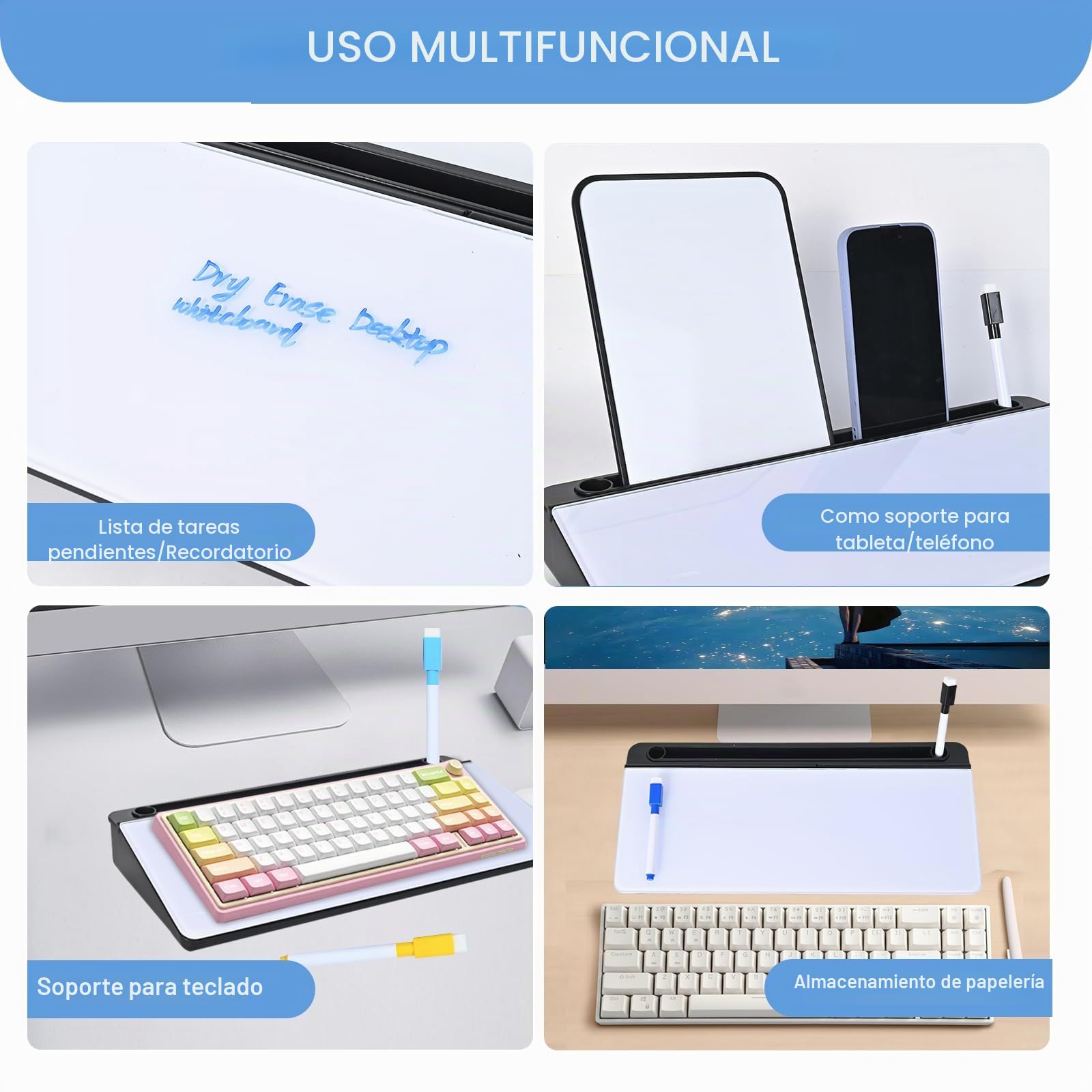 Hivexagon Pizarra blanca de escritorio con 4 compartimentos y ranura para teléfono o tableta, incluye mini pizarra magnética adicional y accesorios
