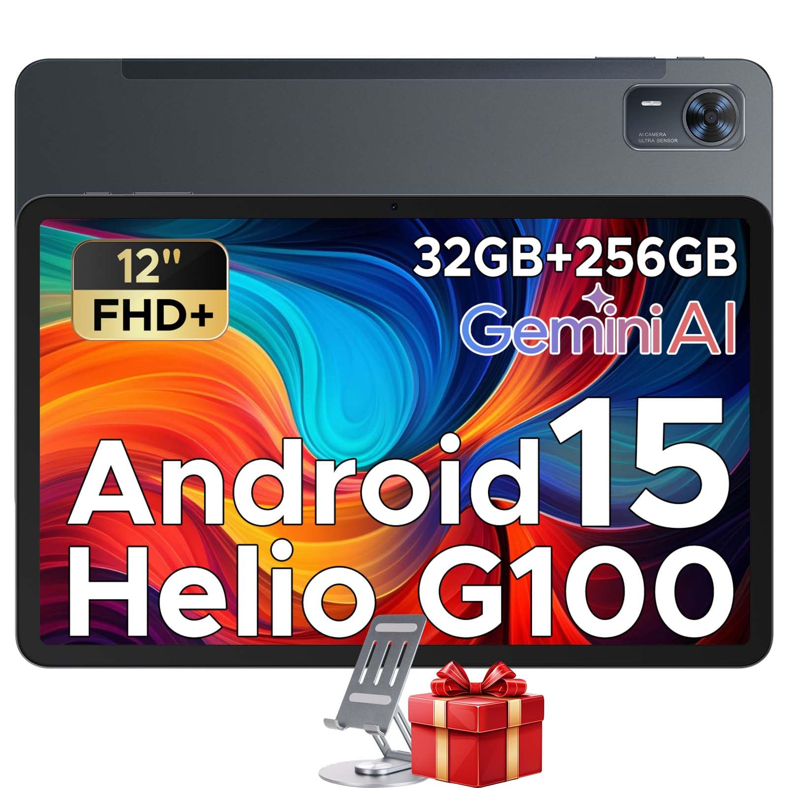 Tab E3+ AI Tablet 12 Pollici, 32GB RAM + 256GB ROM/2TB, 2.4K Tablet Android 8800mAh, Helio G100 Octa Core Gaming Tablet with SIM, Gemini AI Tablets Dual 4G LTE + 5G WiFi, Quad Speaker, Nero