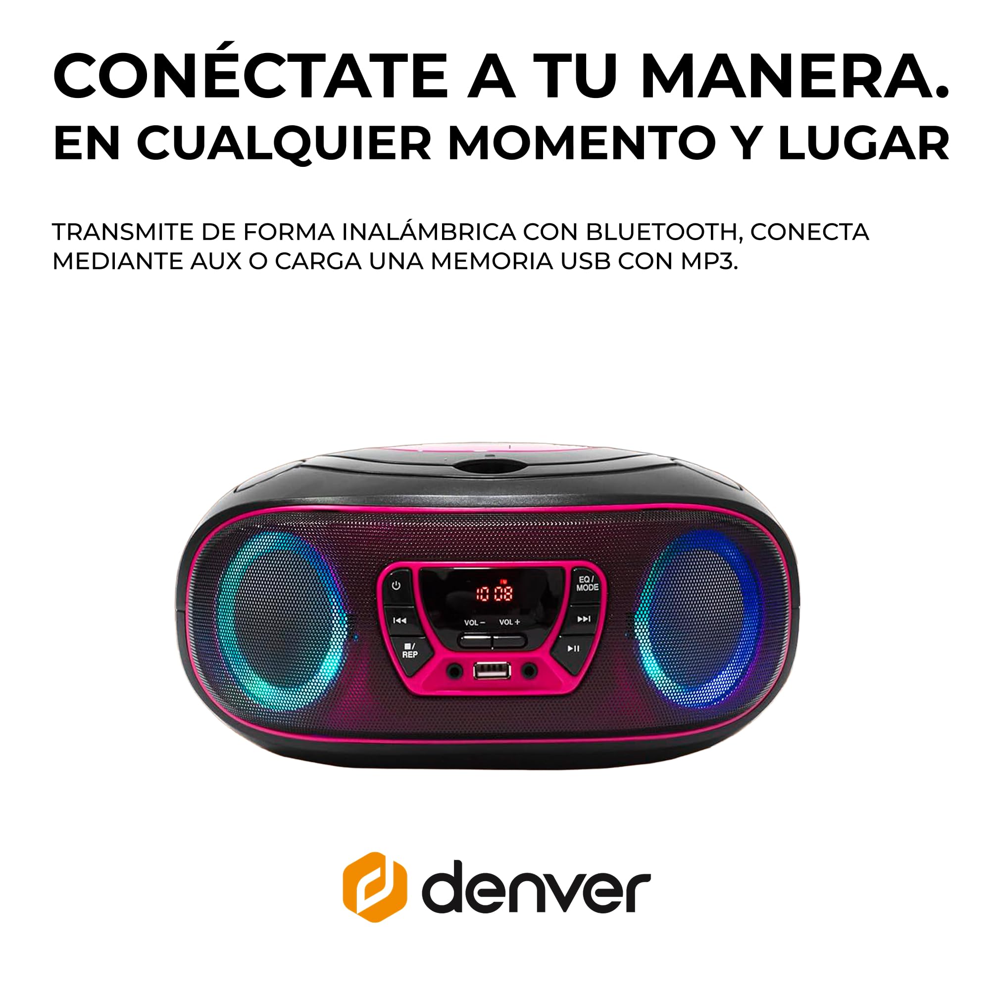 Denver TCL-212BT Boombox CD Bluetooth, Radio FM, USB MP3, AUX, Toma de Auriculares, Altavoces estéreo, Rosa