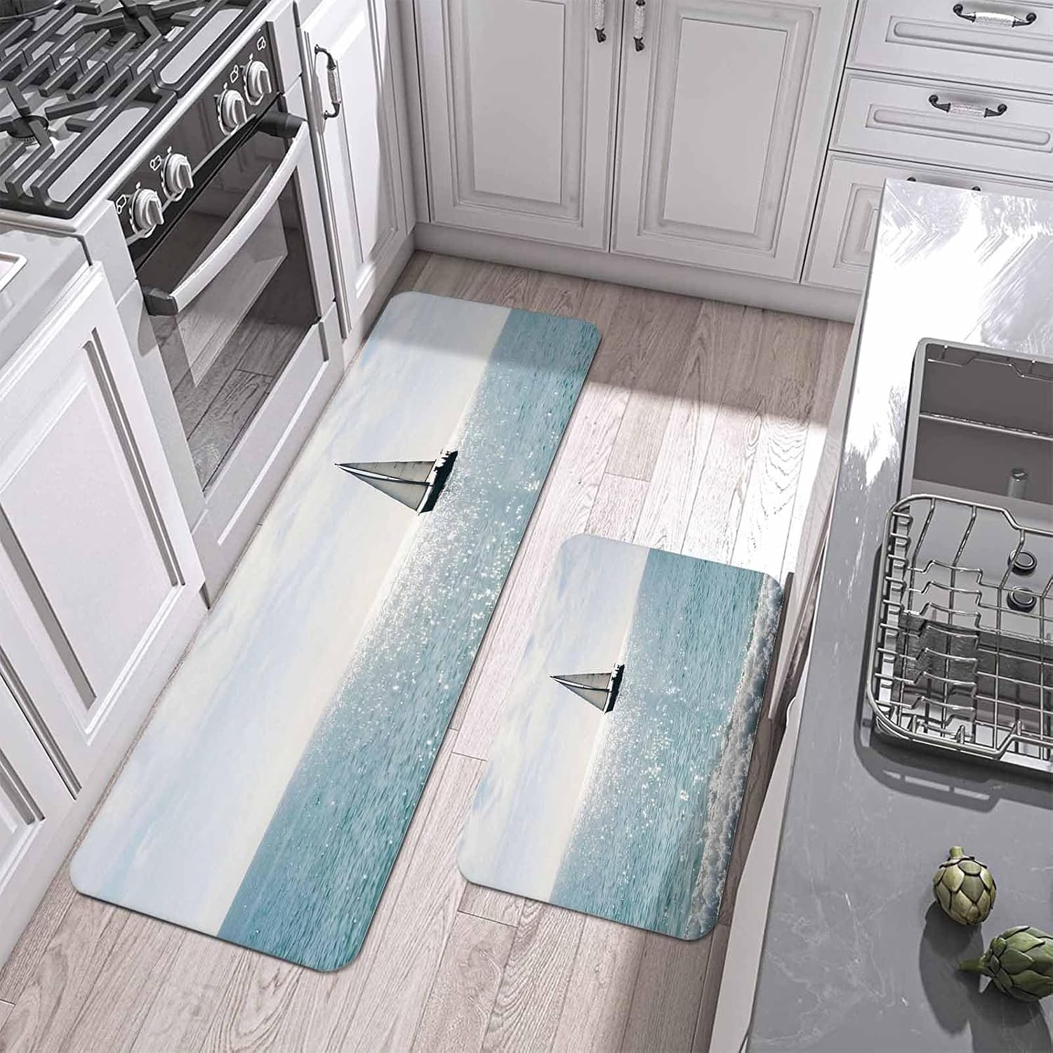 Prime Leader Nature Seascape Kitchen Mat Set 2 Pieces Sailboats Blue Waves Cloud Sky Ocean Surface Non Slip Kitchen Rugs Washable Runner Rug Mats for Sink Laundry (23.6" x 35.4"+23.6" x 70.9")