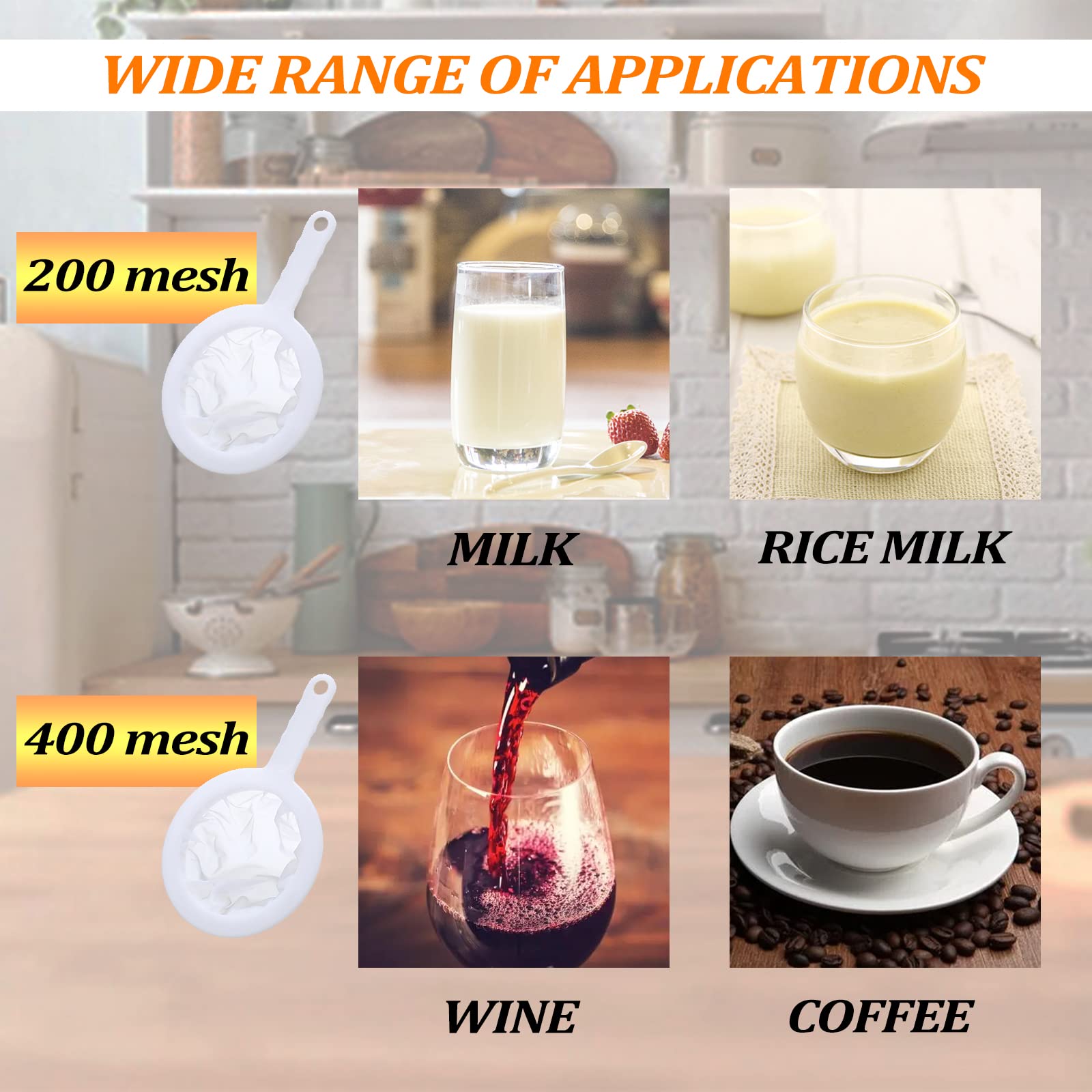 Mini Colino In Nylon Ultra Fini (200 Maglie) | Filtro Per Caffè, Latte, Yogurt, Succhi | Manico Antiscivolo Con Foro Per Appendere - 3