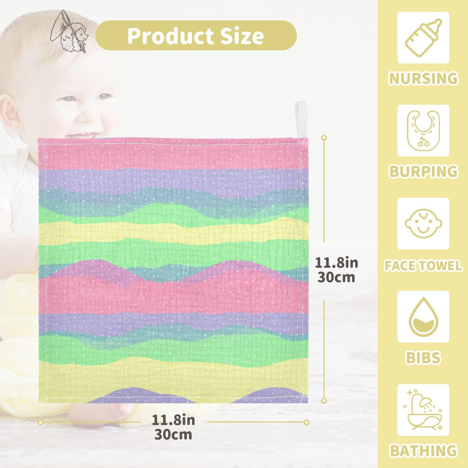 Nander 3Pack Baby Muslin Washcloths,Colorful Stripes Soft Face Cloths for Newborn, Absorbent Bath Wash Cloths, Wipes, Burp Rag,Toddlers Essentials Stuff, Baby Registry as Shower