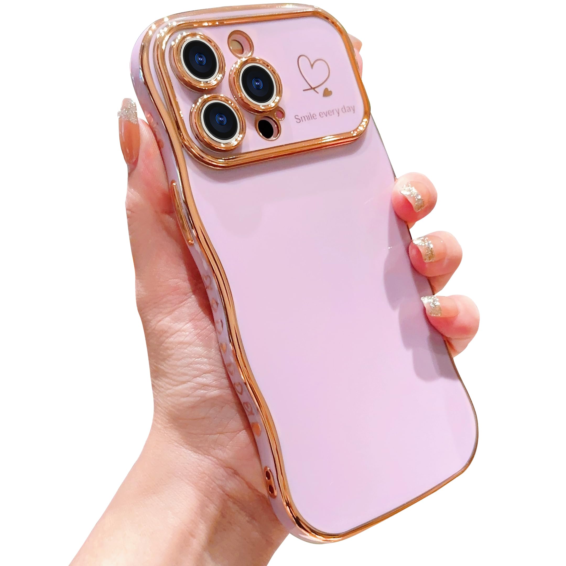 IDweel for iPhone 14 Pro Max Case for Women Girls, Luxury Cute Wave Frame Curly Shape with Love Heart Raised Camera Protec...