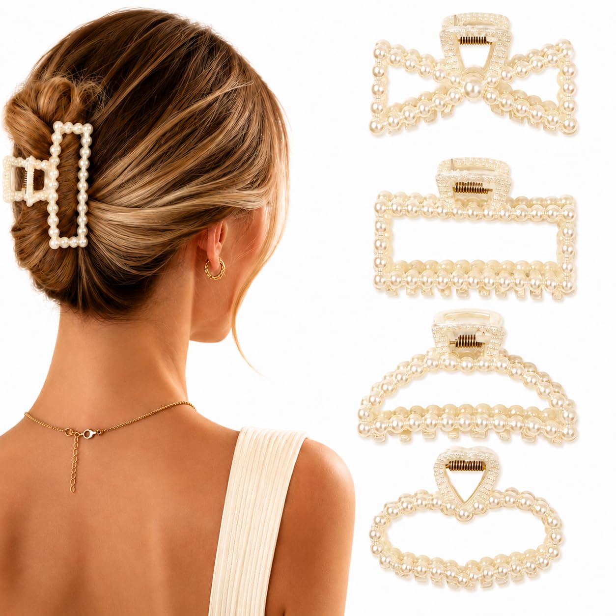 4 PCS Simulated Pearl Hair Claw Clips for Women, White Flat Pearl Claw Clips for Bridesmaid Prom Thin & Thick Hair, Fashion Hair Accessories