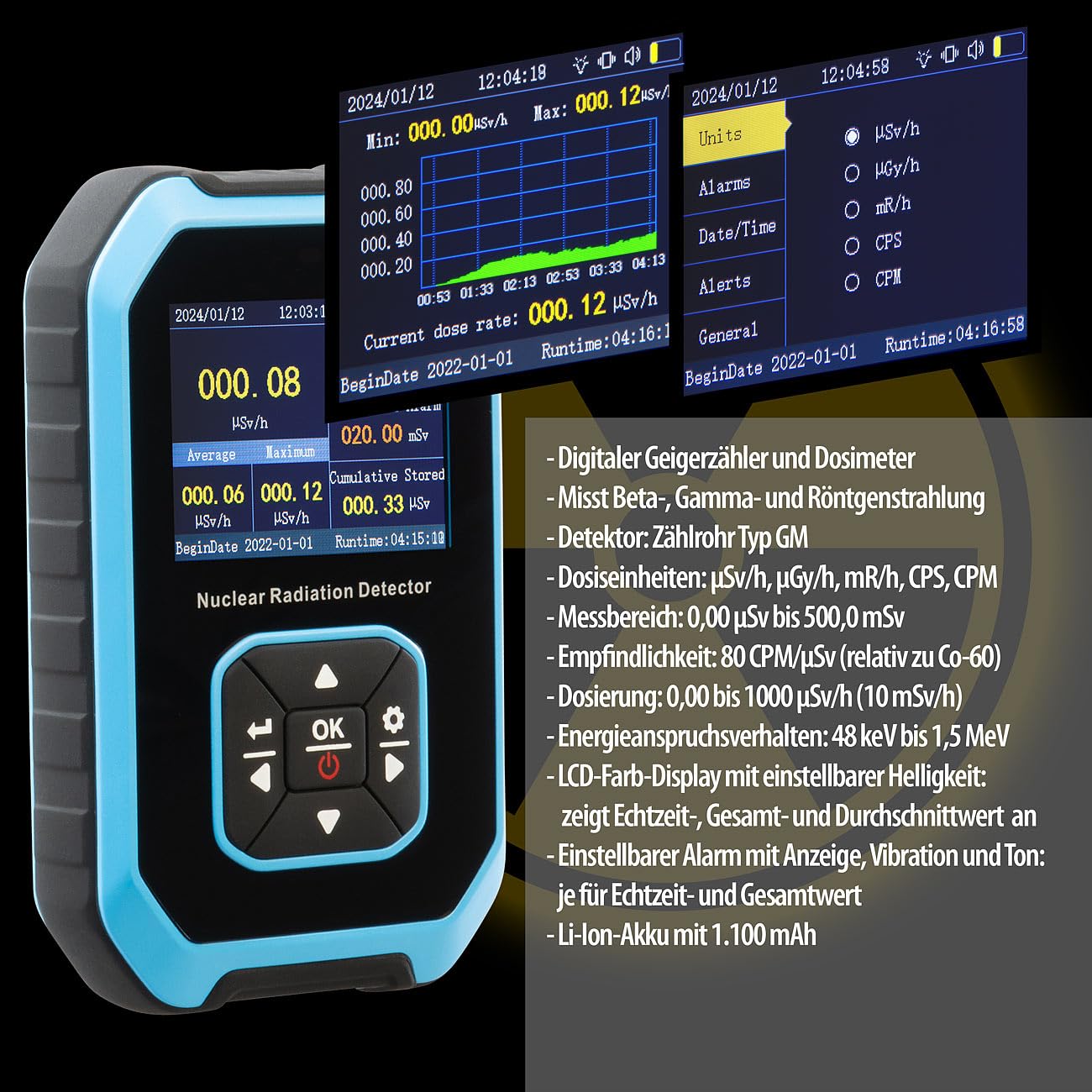 AGT Strahlungsmessgerät: Digitaler Akku-Geigerzähler & Dosimeter, Beta-/Gamma-/Röntgenstrahlung (Geiger Zähler, Geiger Counter, Digitale)