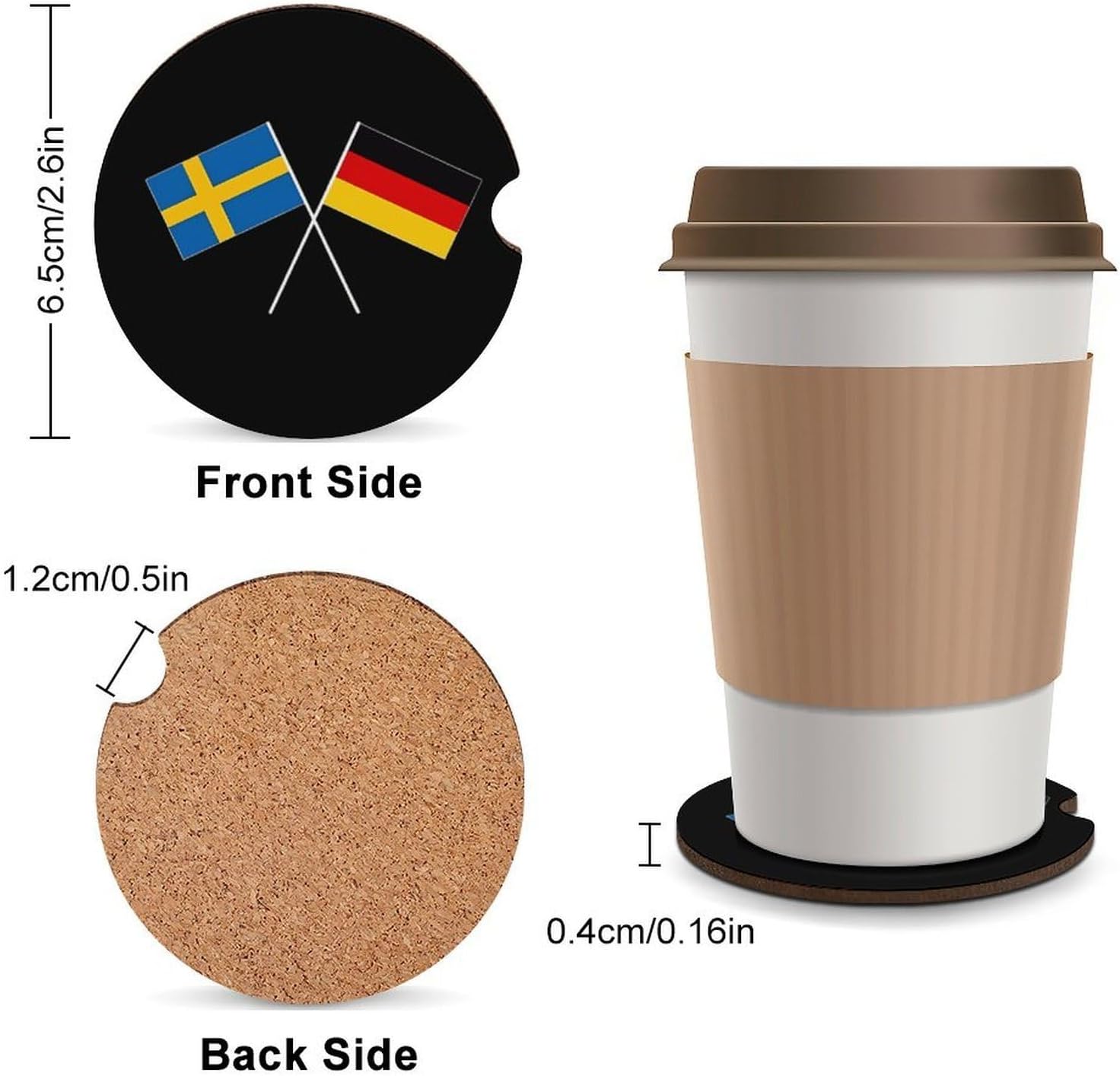 German Swedish Friendship Flag Cute Car Coasters 2.56 Inch Absorbent Cup Holder for Drinks Auto Interior Accessories