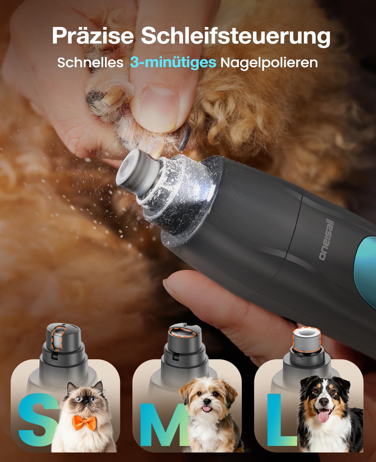 oneisall 4in1 Leise Schermaschine Hund Katze mit LED-Licht, Tierhaarpflege zum Hundeschermaschine & Pfotentrimmer & Krallenschleifer, 2000mAh Wiederaufladbar Hundehaarschneidemaschine