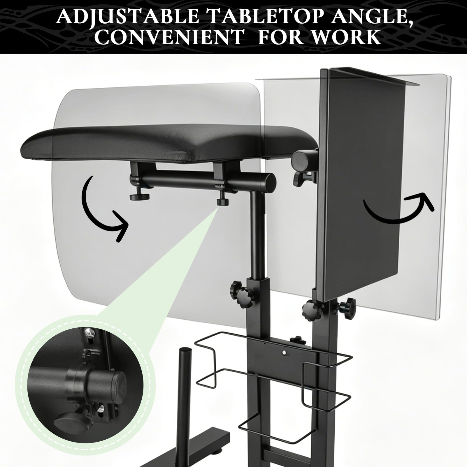 Carro con Ruedas de Tatuajes, Accesorio para Suministros de Salón | Altura Regulable con Plataforma Blanda, Bandeja para Herramientas para Estudios de Artistas y Salones de Belleza, Negro