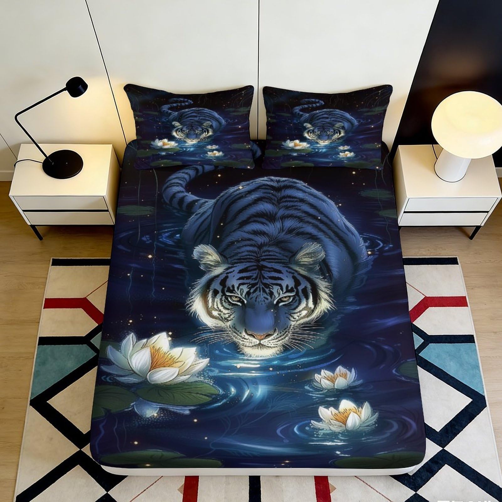 3D Printed Night Tiger Fitted Sheet Microfiber Non-Slip Deep Pocket Bedroom Bedding Night Tiger Mattress Fitted Cover Full Wrap Washable 200x200x25cm 90x200x25cm