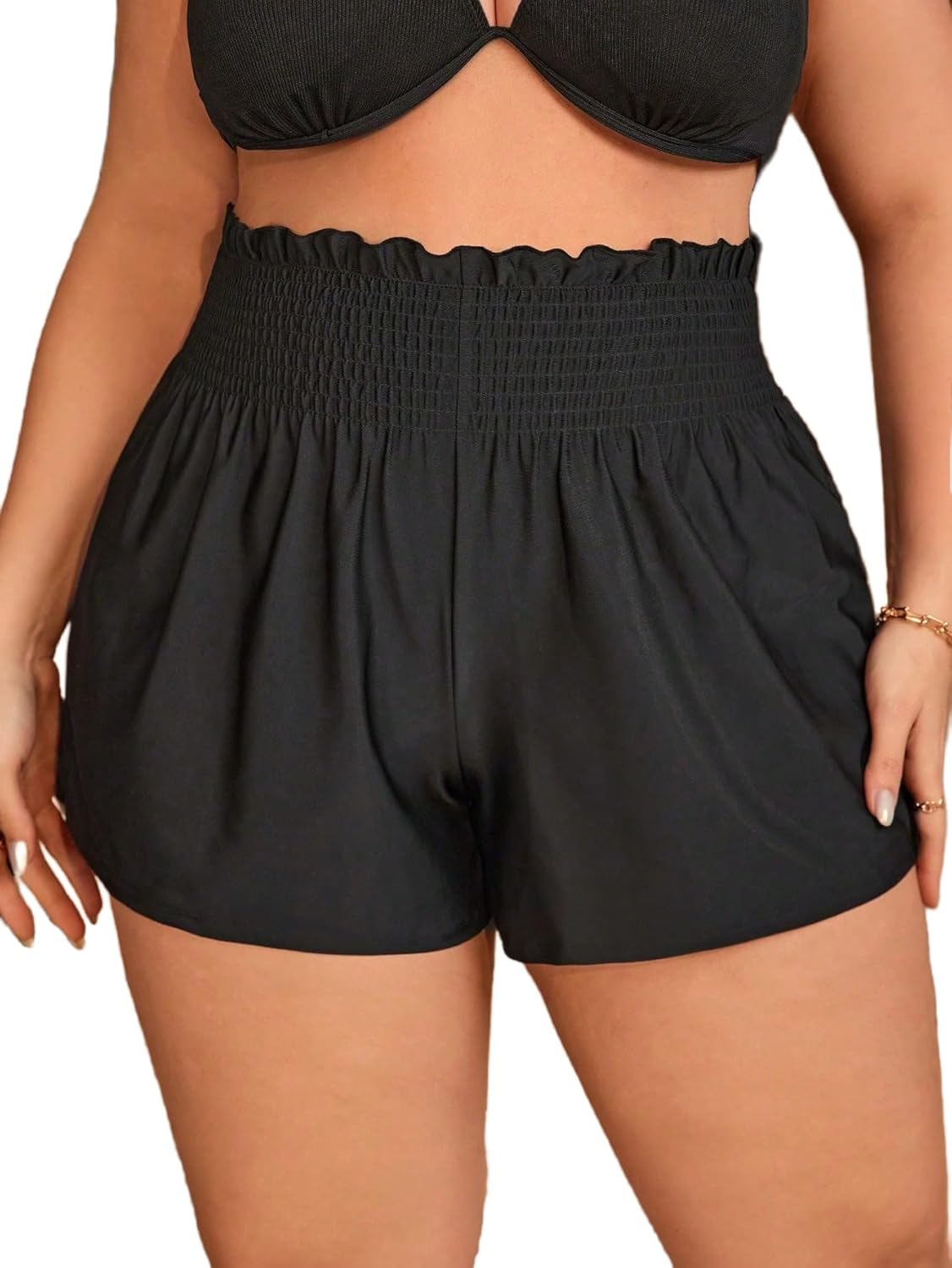 MakeMeChic Women's Plus Size Beach Cover Ups Ruffle Elastic High Waisted Wide Leg Shorts