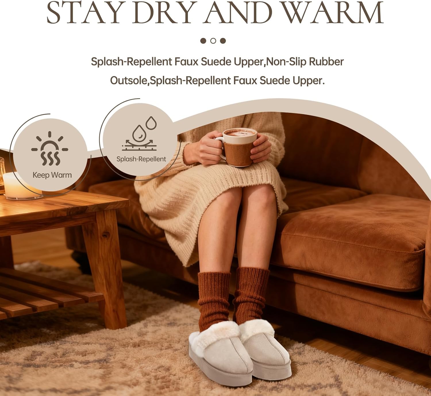 Women's Platform Slippers, Suede Fuzzy Slippers with Strap - Image 4