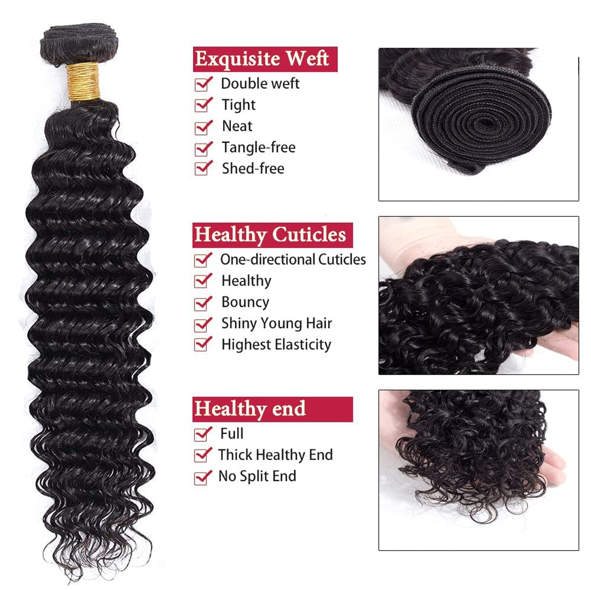 Color 1B Human Hair Deep Wave Bundles 14 16 18 inch 3 Bundles Double Weft Unprocessed Brazilian Virgin Hair Extensions 10A Grade Natural Color Deep Curly Bundles Silky Soft for Women