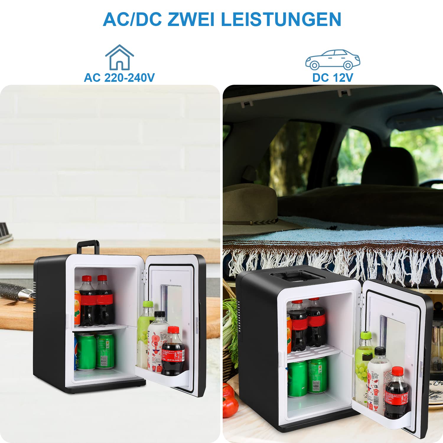 Herrselsam Mini frigorifero 2 in 1 da 15 litri, portatile, con funzione di raffreddamento e riscaldamento, per cosmetici e bevande, camera AC/DC, auto, campeggio, ufficio, nero