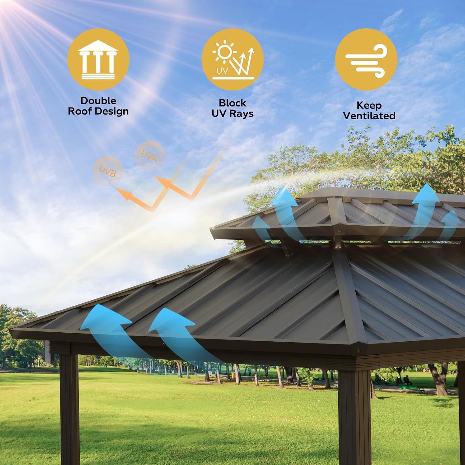 EROMMY 10' x 6' Hardtop Grill Gazebo, Outdoor Metal BBQ Gazebo with Double Galvanized Steel Roof, Permanent Grill Canopy with Side Shelves and Ceiling Hooks for Patio Deck Lawn Backyard Garden (Brown)