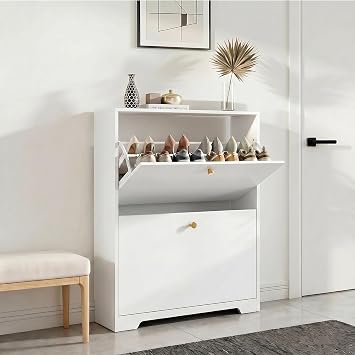 Nicetree Shoe Storage Cabinet with 2 Flip Drawer, Narrow Slim 2-Tier Shoe Organizer, Shoe Cabinet Storage for Entryway with Top Shelf and Hooks, Freestanding Wooden Shoe Rack, White
