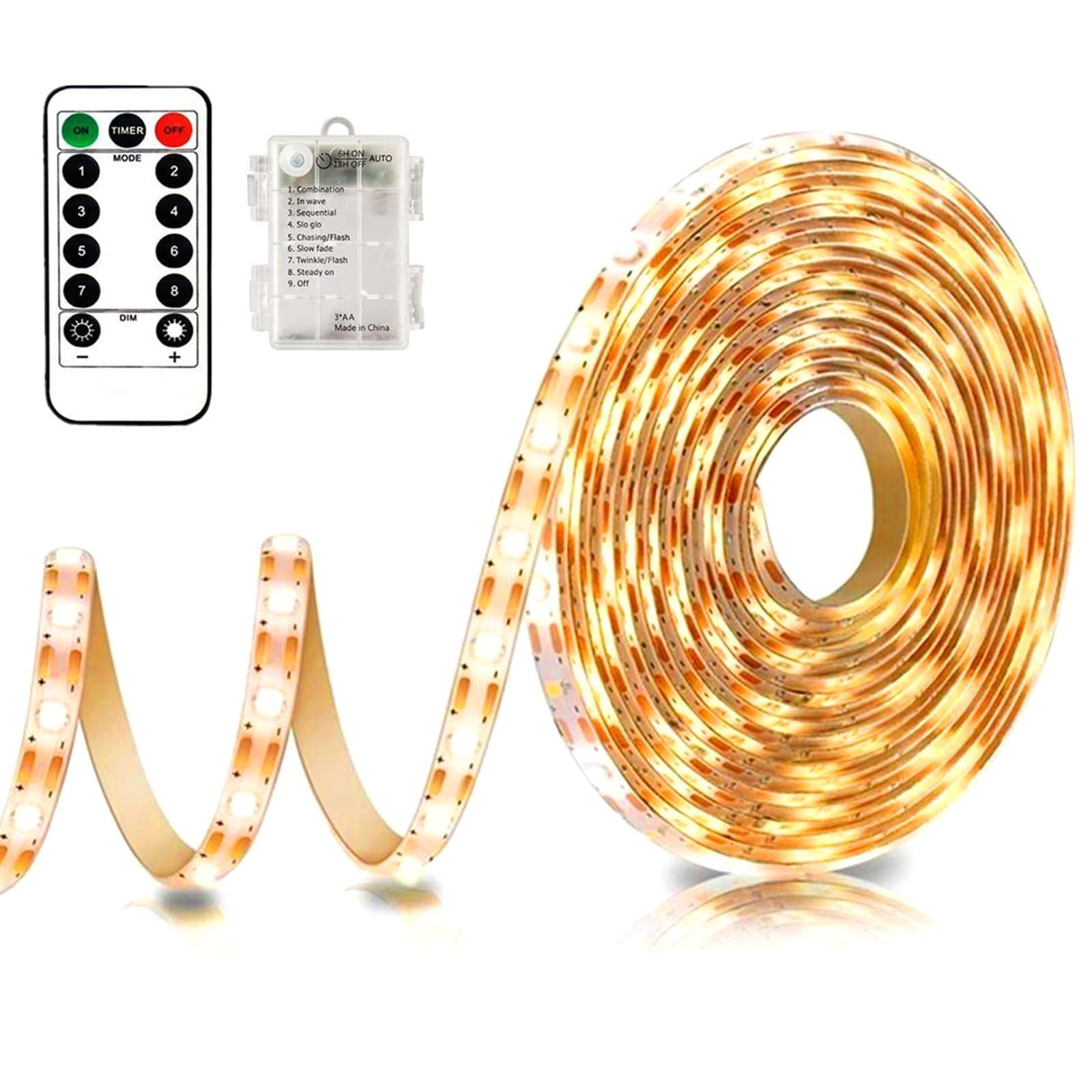 LED Strip Lights Battery Powered - 5M Battery Powered Light Strip with Remote, 8 Modes, Dimmable, Cuttable, Outdoor Indoor Waterproof Self-adhesive for Kitchen Bedroom Cabinet Bar Decor (Warm White)