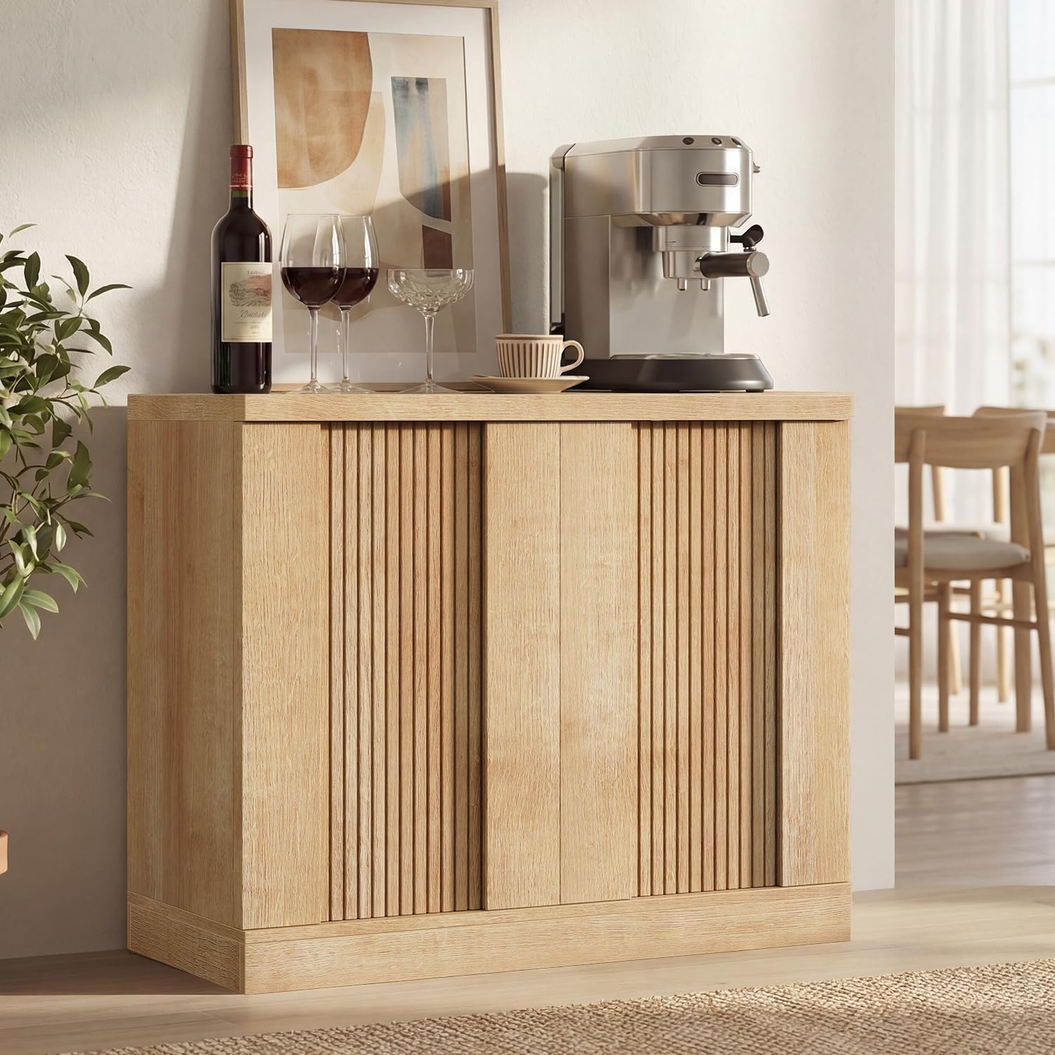 HAUOMS Storage Cabinet, Buffet Cabinet, Fluted Console Cabinet, Sideboard with Adjustable Shelf, Mid Century Modern Buffet Table, Credenza, for Kitchen, Living Room, Entryway (Oak, 1 Piece)