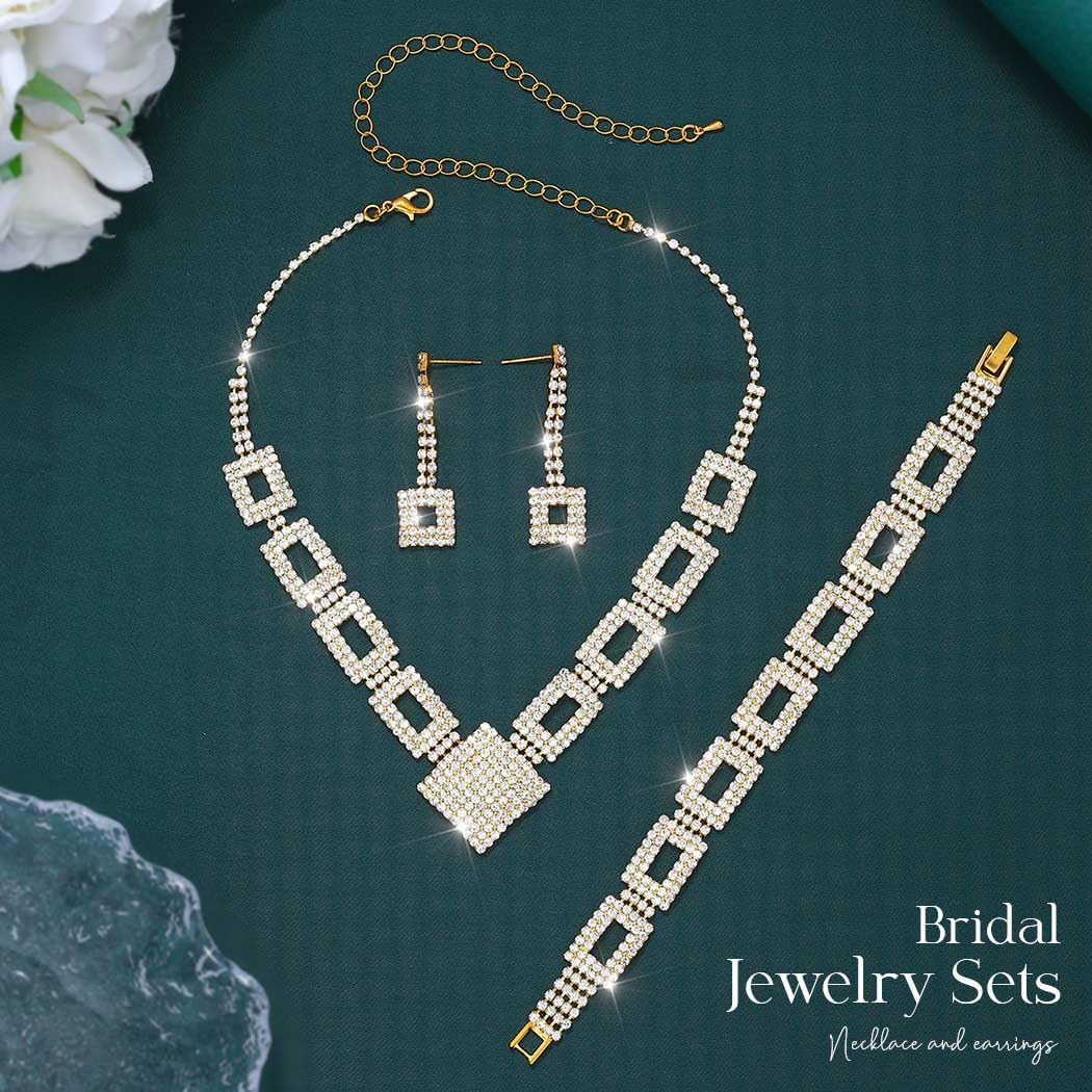 Aukmla Bridal Wedding Jewelry Sets Rhinestone Necklace Earrings Bracelet Set Prom Formal Jewelry for Women - Image 3