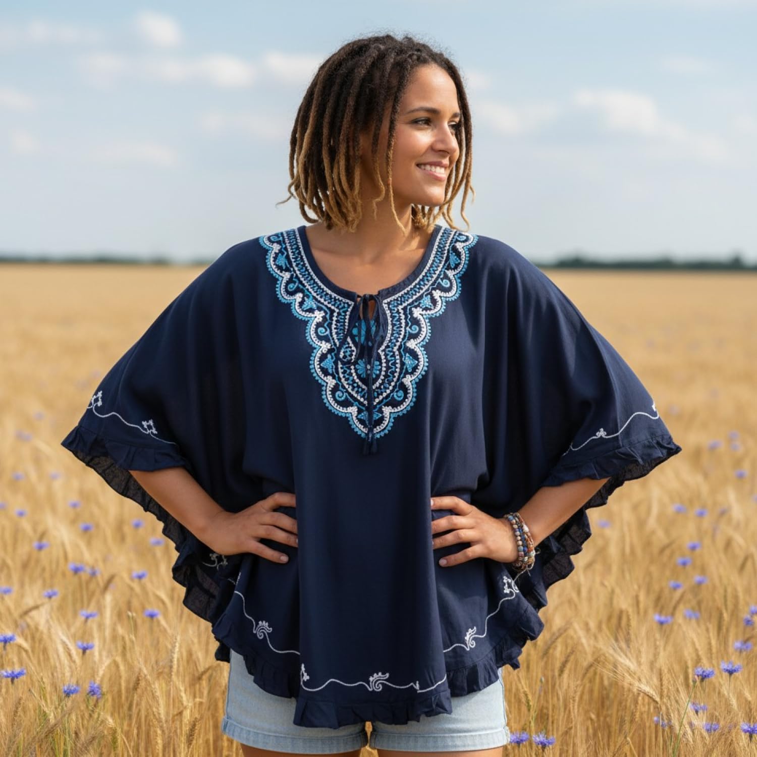 Bestickter Hippie Poncho, Tunika, Kaftan, Strandkleid, Viskose, grau