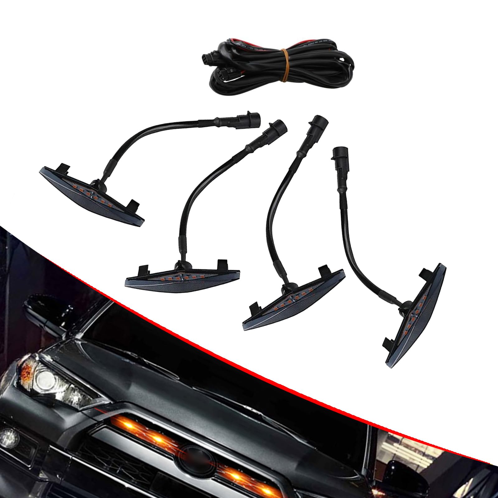 Yumfugu 4 PCS Car Front Grille LED Lights, 3.74" x 0.59" Front Grille Mid-net Decorative Lights, with Harness and Fuse, Compatible with 2014-2023 4Runner TRD Pro Grille (Yellow Light)