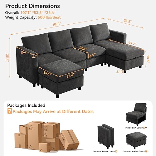Miniatura 2 de Juego de sofá modular modular de 107 pulgadas en forma de U con almacenamiento para sala de estar, moderno sofá modular de 6 plazas con otomana