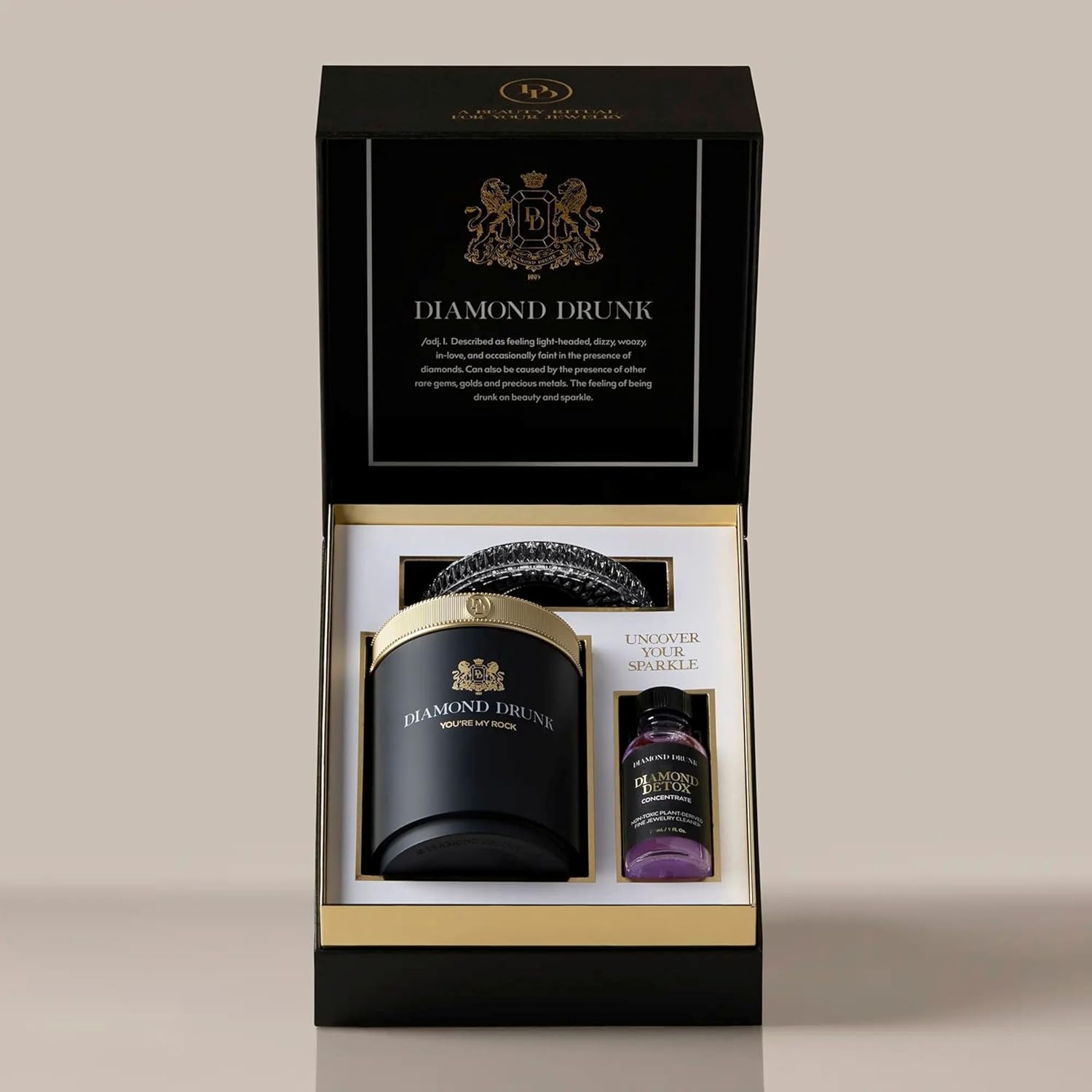 Diamond Drunk The Starter Collections - Non-Toxic, Fine Jewelry Cleaning Kit for Diamond, Gold, & Platinum Rings & More - 2 Months Supply of Safe, Sustainable Cleaner to Restore Shine - Patented Bauble Basket & Reusable Vessel