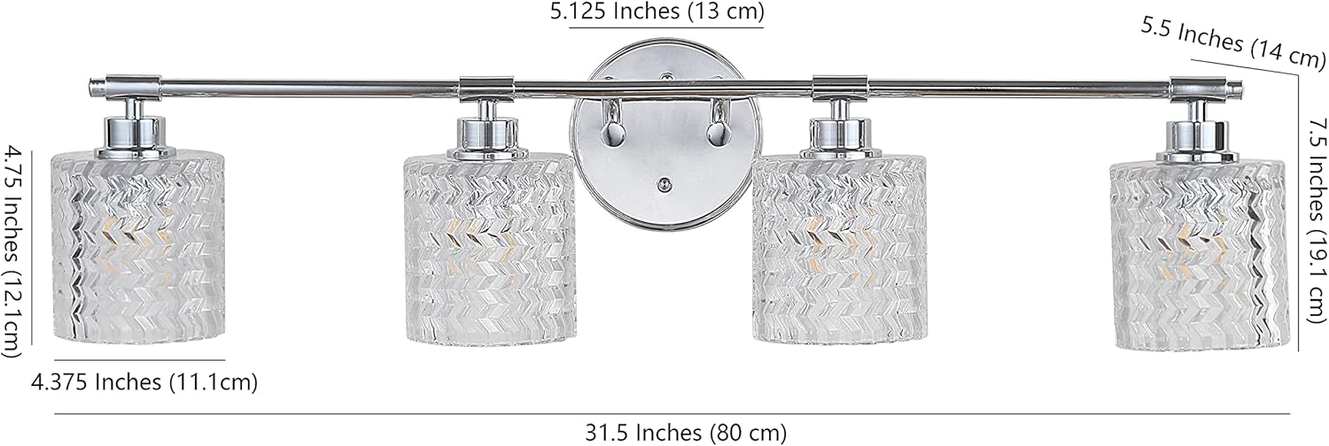 JONATHAN Y 31.5" Chrome Spaulding Vintage 4-Light Farmhouse Vanity Sconce Light, Clear Chevron Pattern Glass Shade, LED Wall Light for Bathroom Mirror, Bulb Included (JYL3551A)