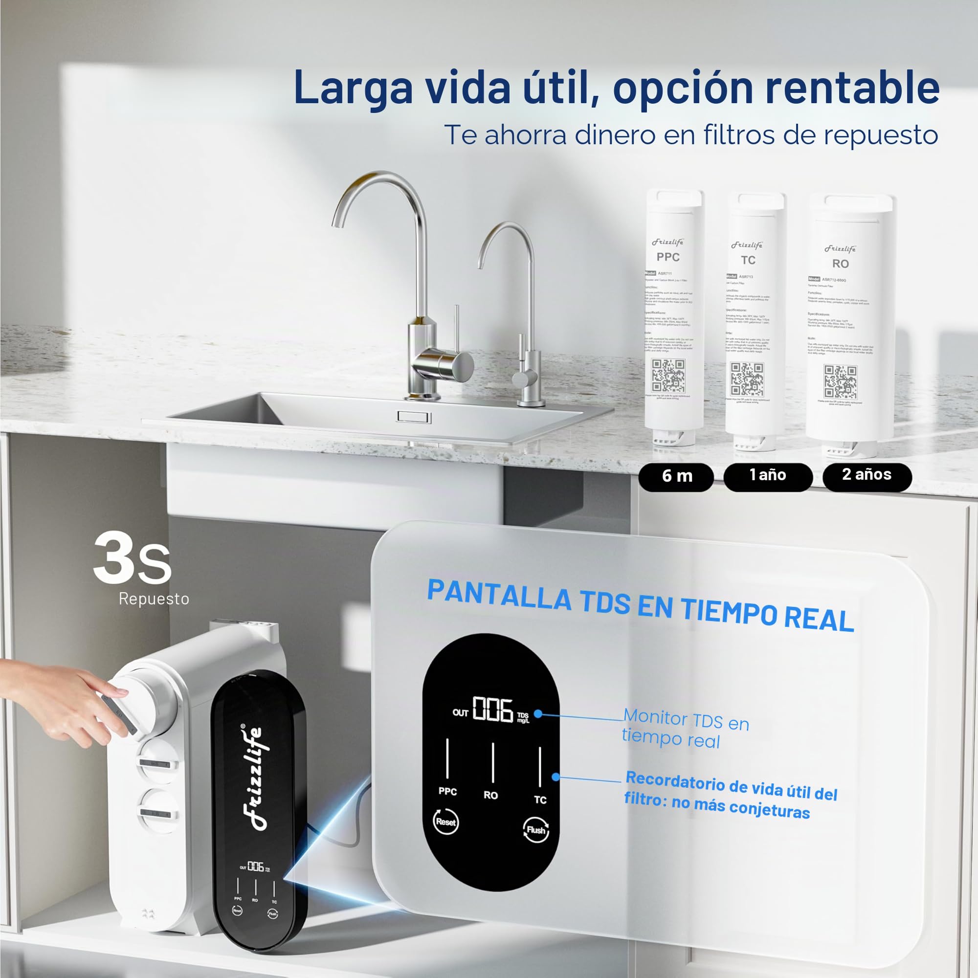 Frizzlife Sistema de ósmosis inversa, 600 GPD, sistema de descalcificación RO filtro de agua, 2:1 puro para drenar, reduce TDS, sin tanque, sin BPA, PX600